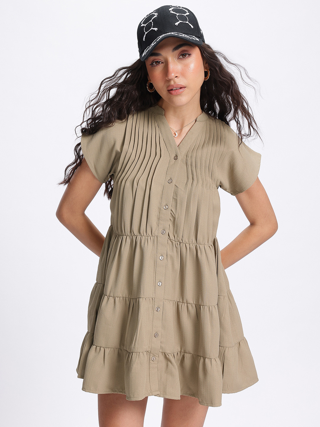 glitchez Pure Cotton Pleated Detail Mini Shirt Dress