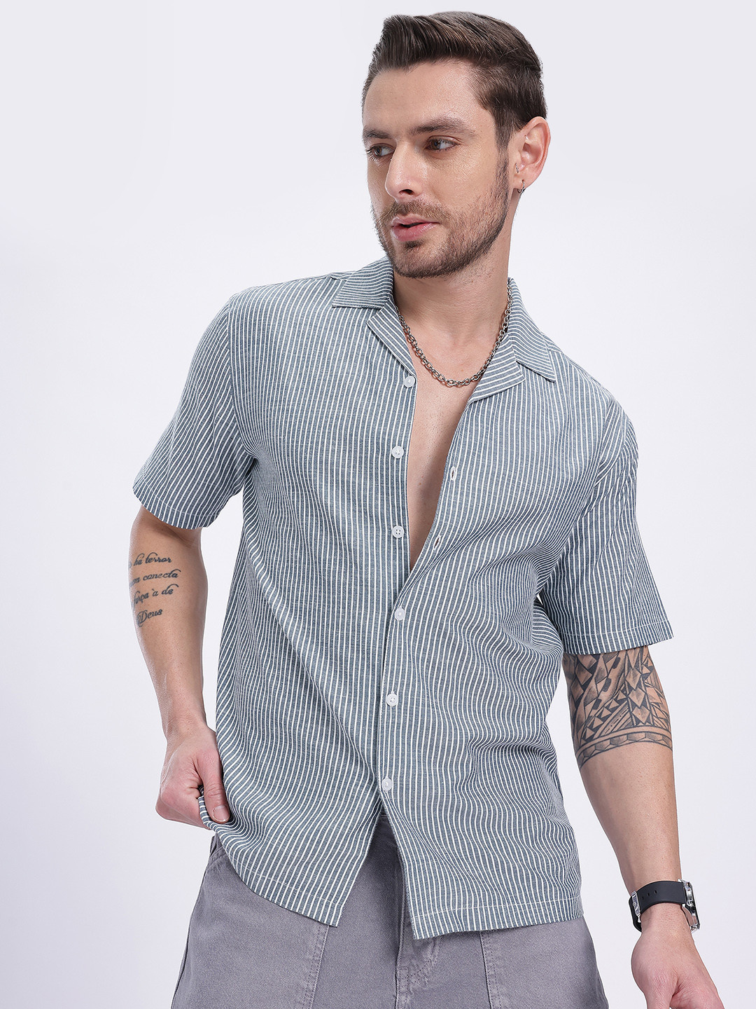 glitchez Pinstripe Relaxed Fit Bowling Shirt