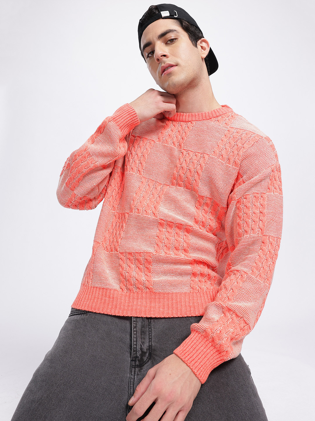 glitchez Men Cable Knit Drop-shoulder Pullover
