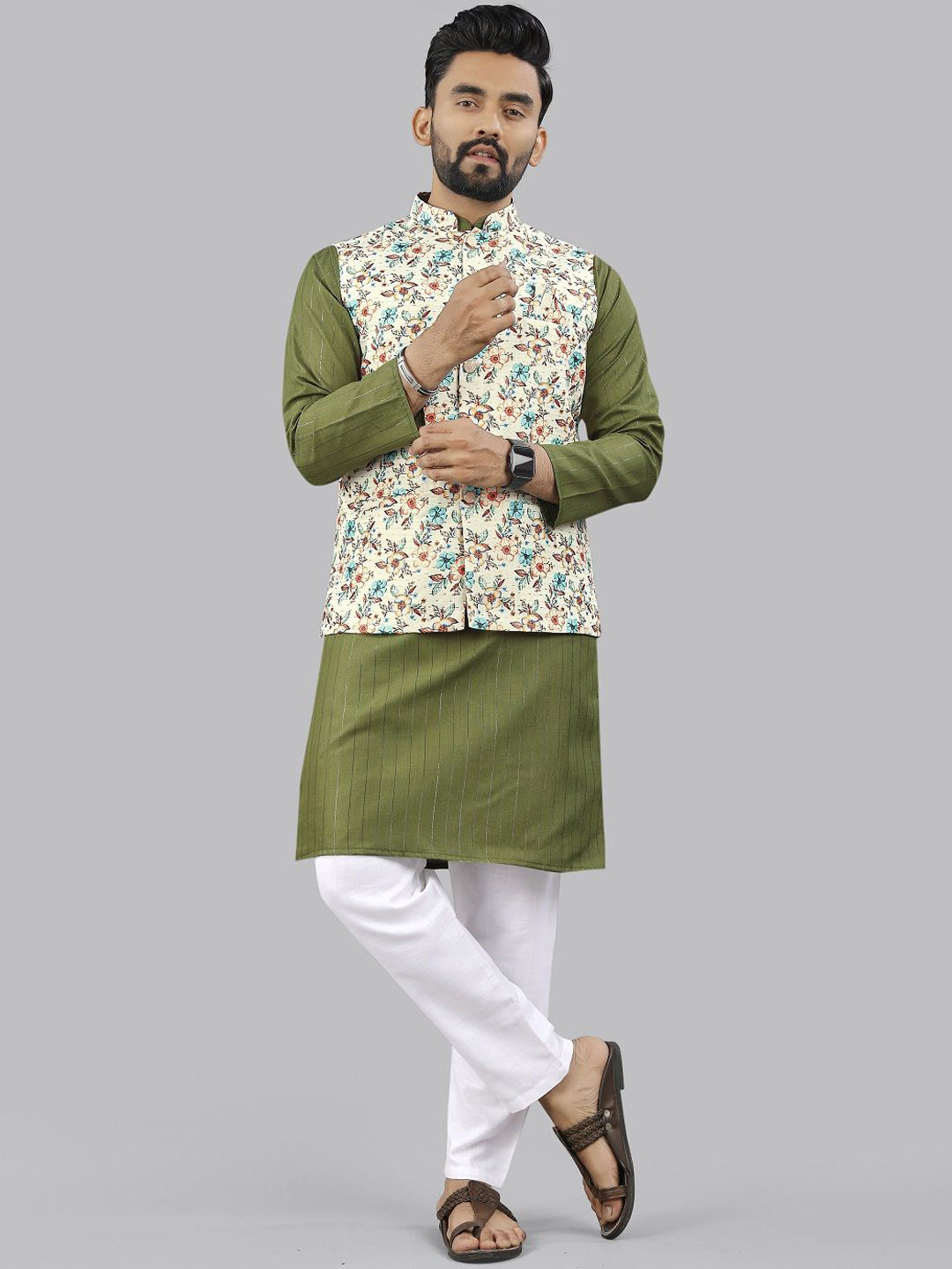 Leipzig Fashion Woven Design Mandarin Collar Straight Kurta & Pyjamas With Nehru Jacket