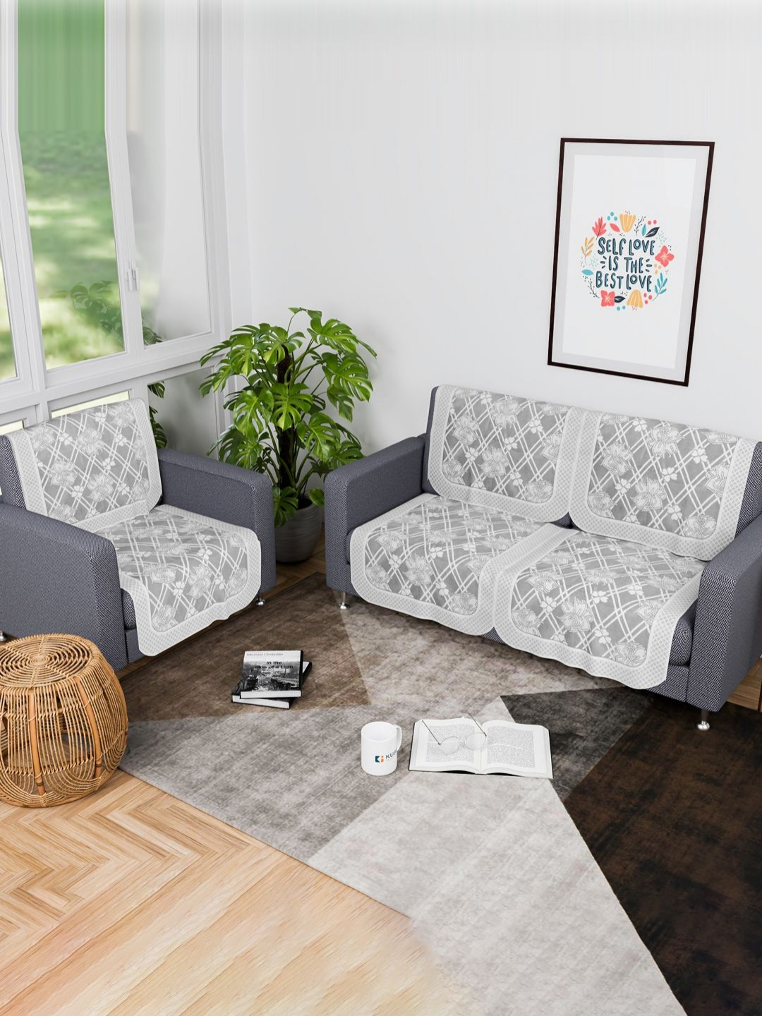 Aura 6 Pcs Set Cross Flower Net Grey Cotton 2+1 Seater Anti Slip Sofa Cover