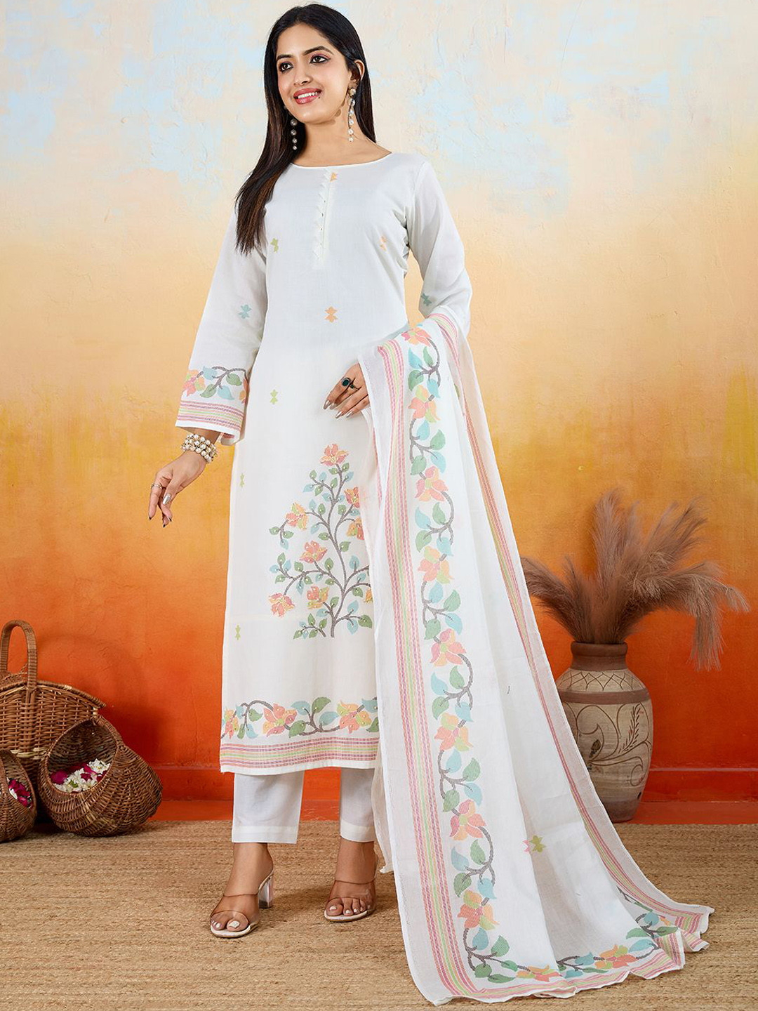 IOLY Women Floral Regular Kantha Work Pure Cotton Kurti with Pyjamas & With Dupatta