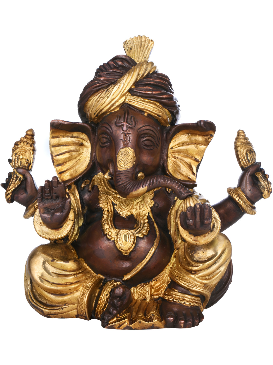 Exotic India Turbaned Ganesha Brown Brass Metallic Prayer Room Medium Showpiece - 7.5 Inches