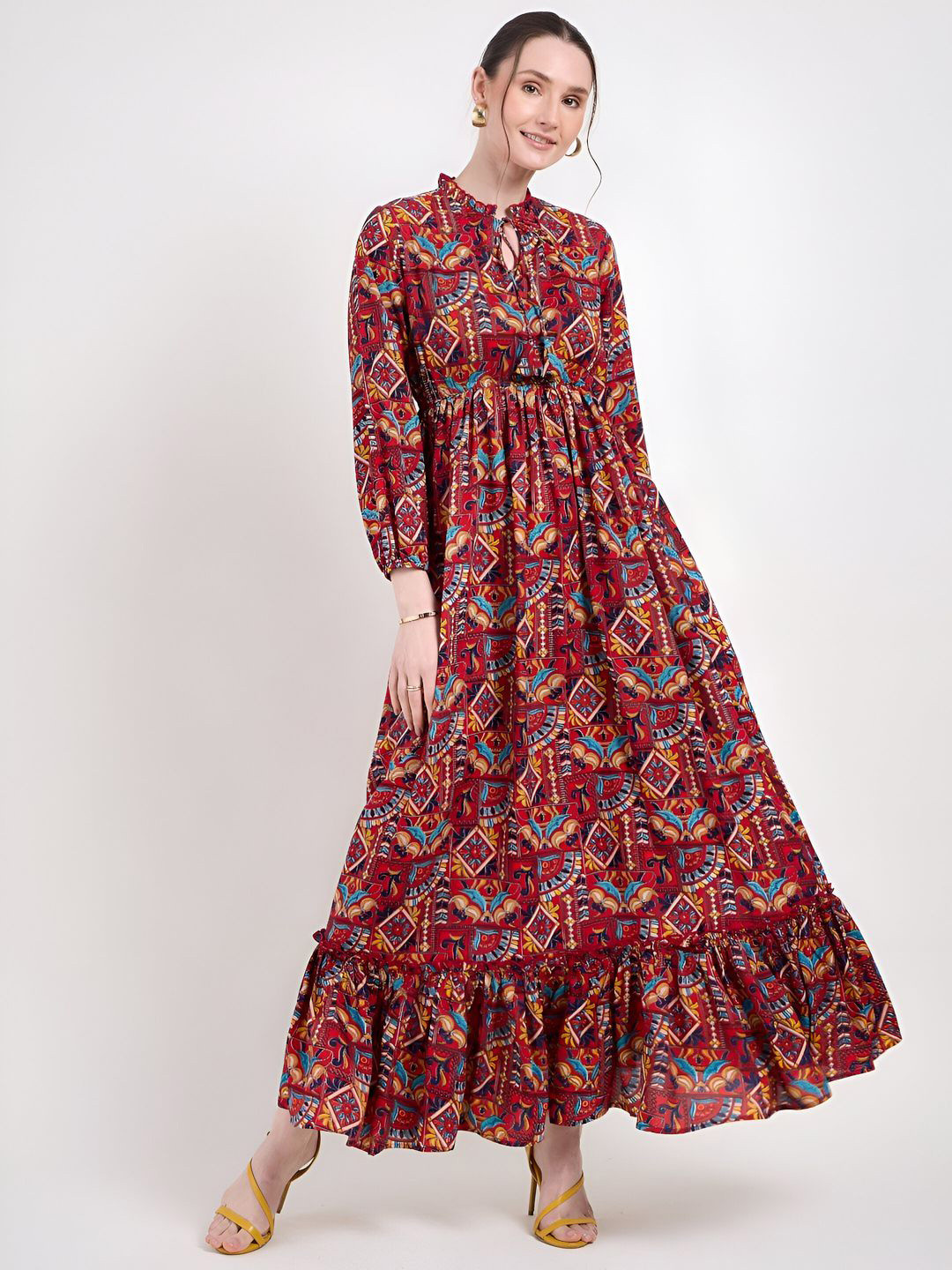LookShine Women Ethnc Print Tie-Up Neck A-Line Maxi Dress
