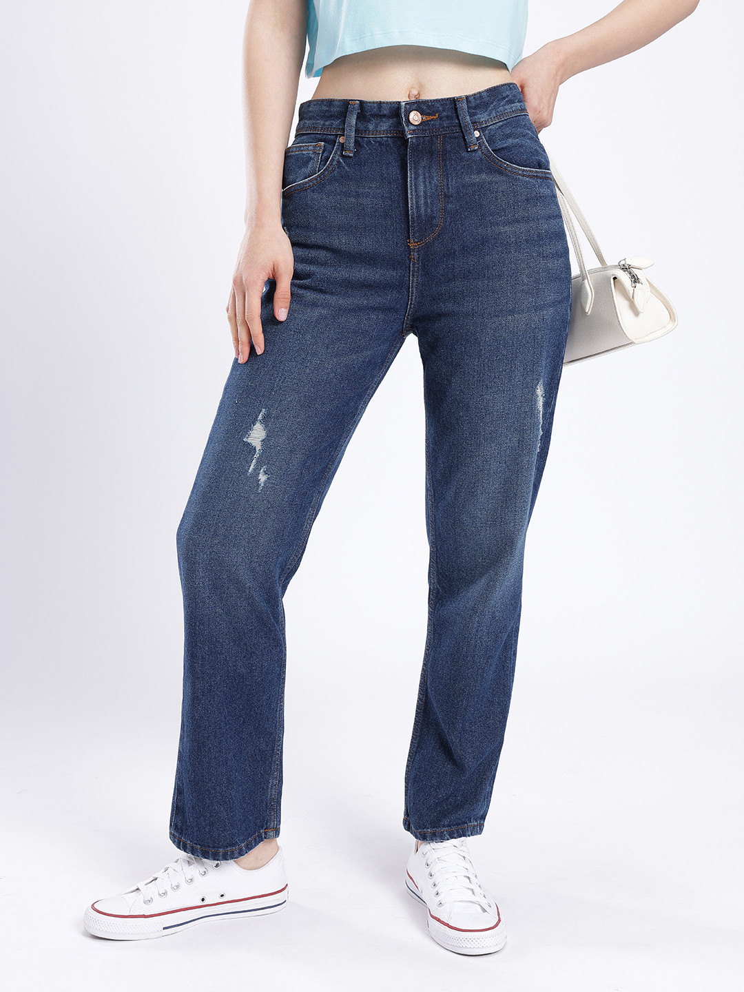 glitchez Women Straight Fit Low Distress Light Fade Jeans