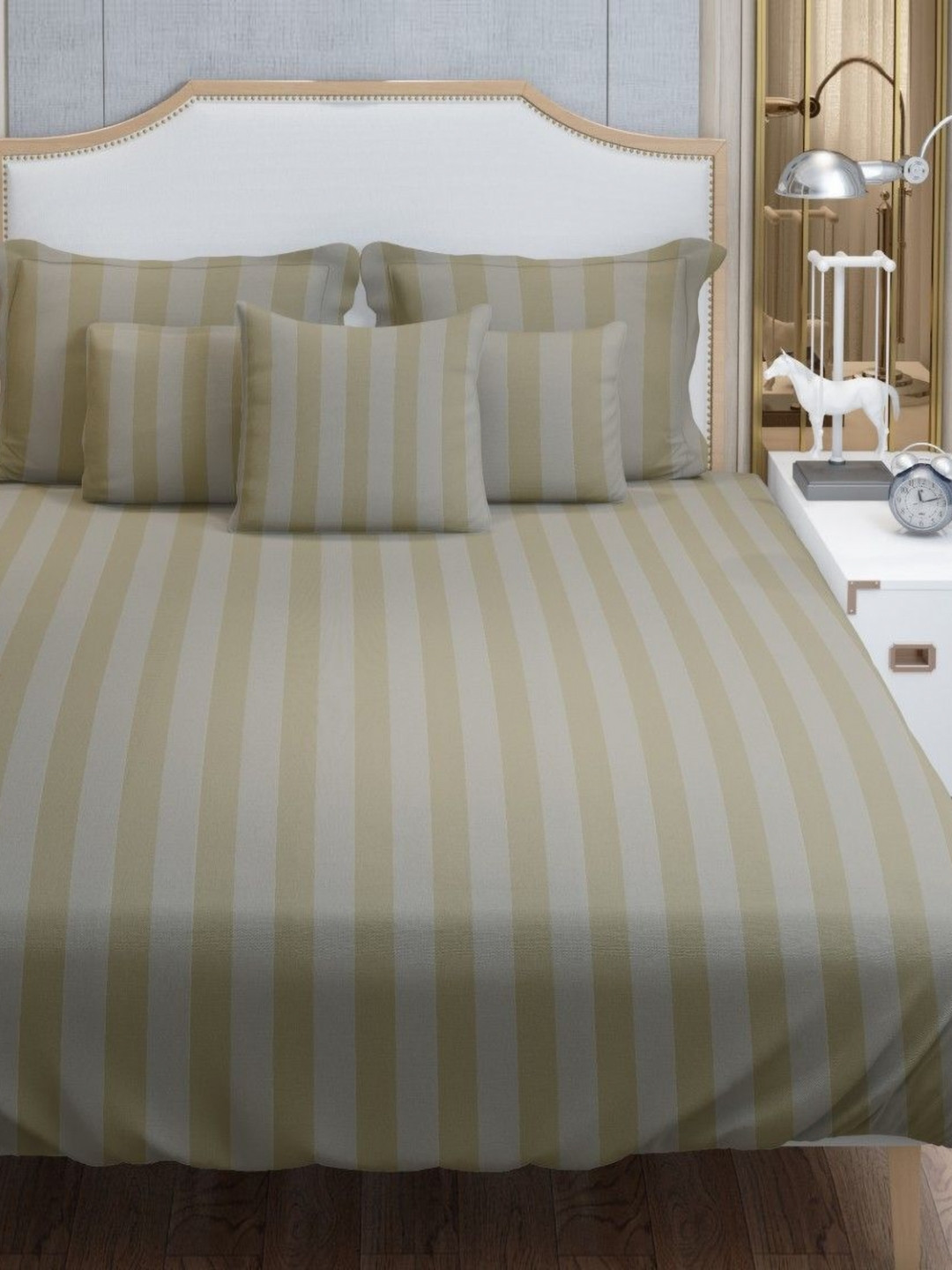 HOME PLUS STUDIOS Grey Striped Cotton 250 TC King Fine Bedsheet with 2 Pillow Covers-86 x 104 inches