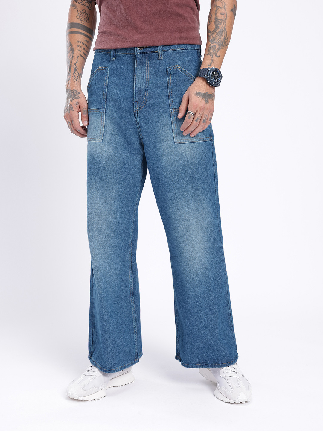 glitchez Men Wide Leg Medium Shade Jeans