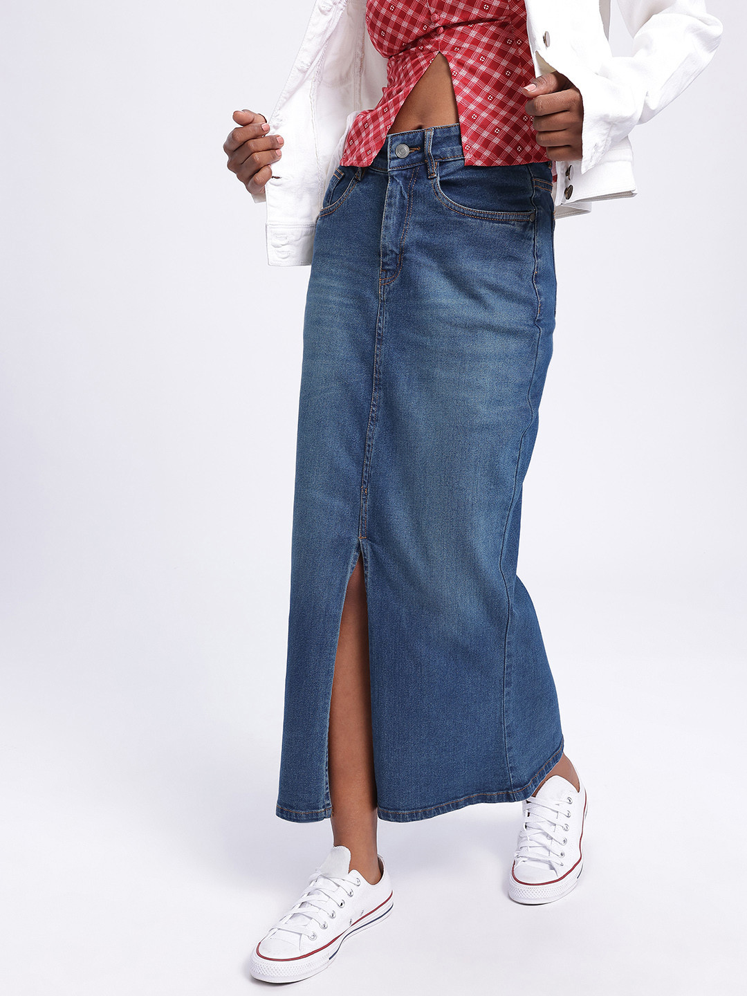 glitchez Slit Slim Fit Denim Maxi Skirt