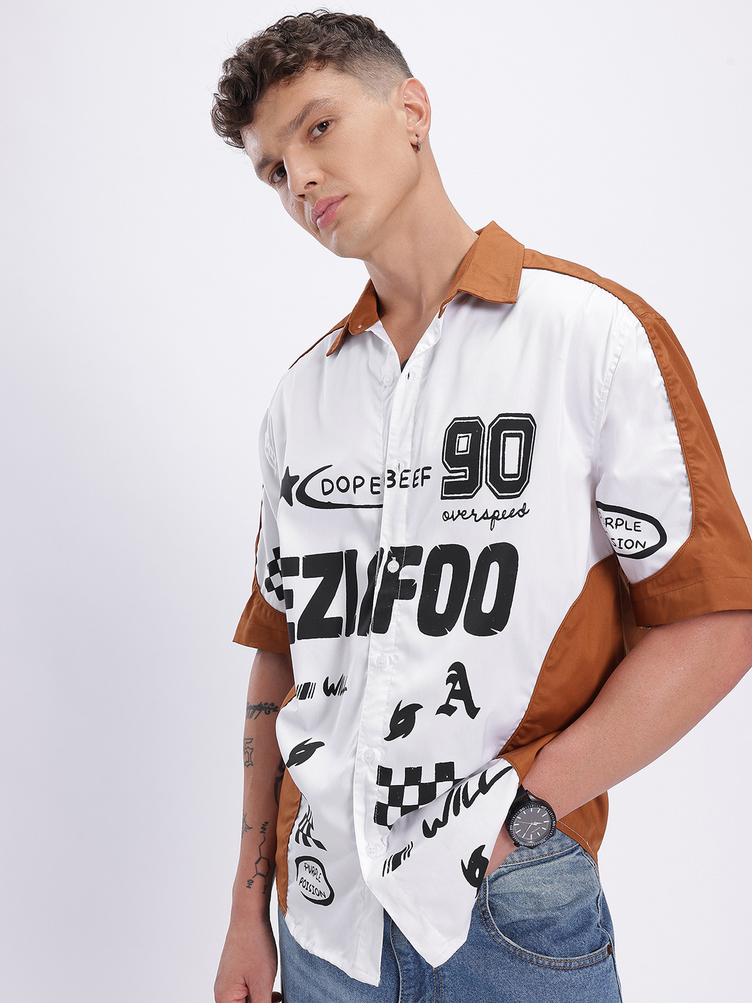 glitchez Printed Colorblocked Detail Relaxed Shirt