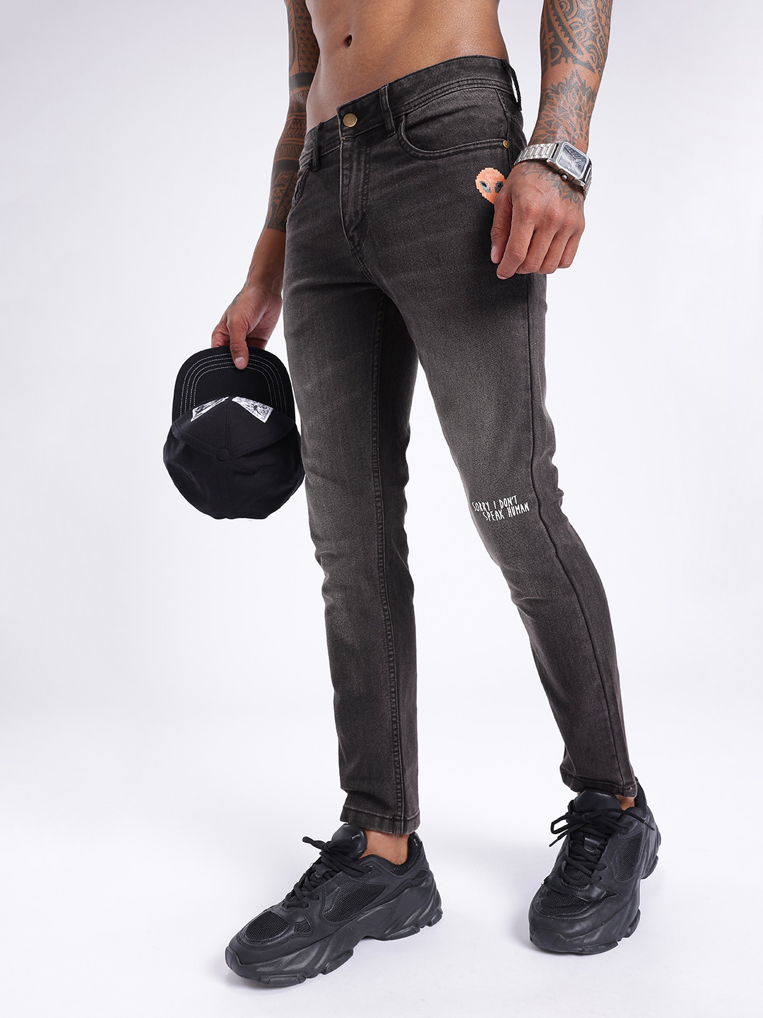 glitchez Men Skinny Fit Heavy Fade Minimal Printed Jeans