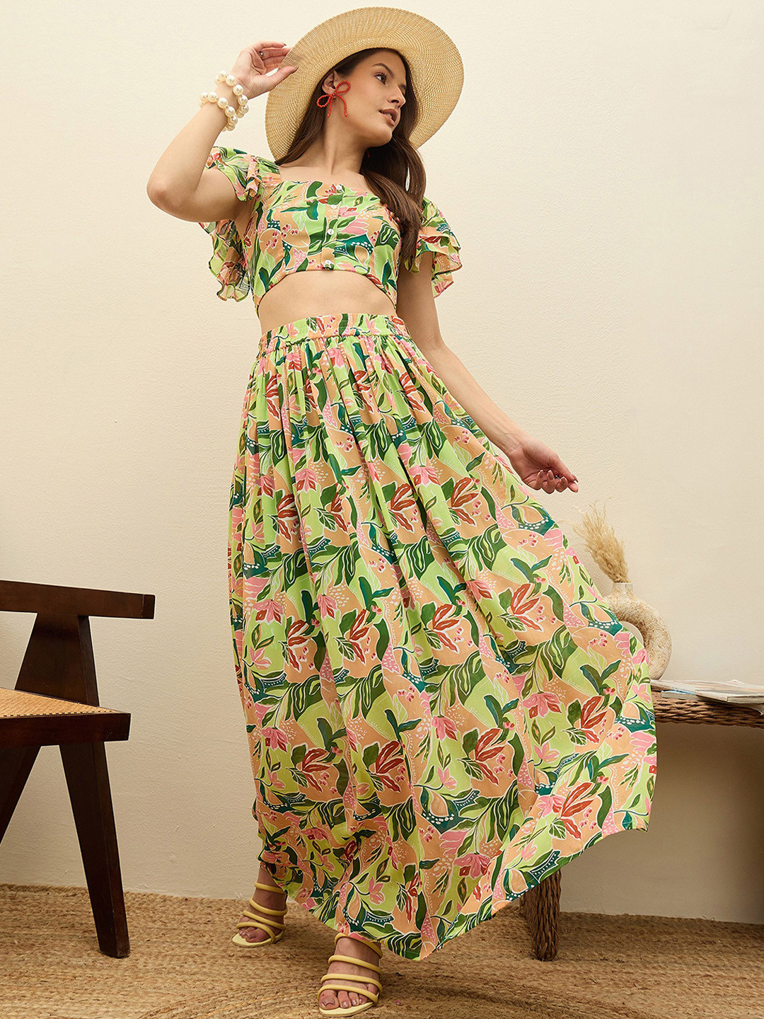 SASSAFRAS Floral Printed Crop Top With Maxi Skirt Co-Ords