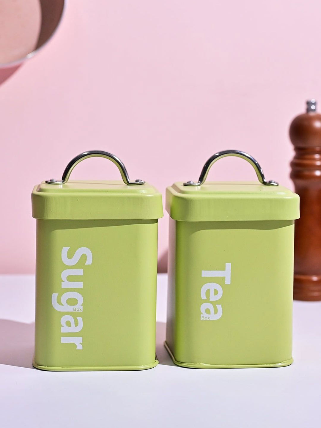 Market99 Green Typography Metal Easy To Clean 2 Piece Flip Top Canister-1L