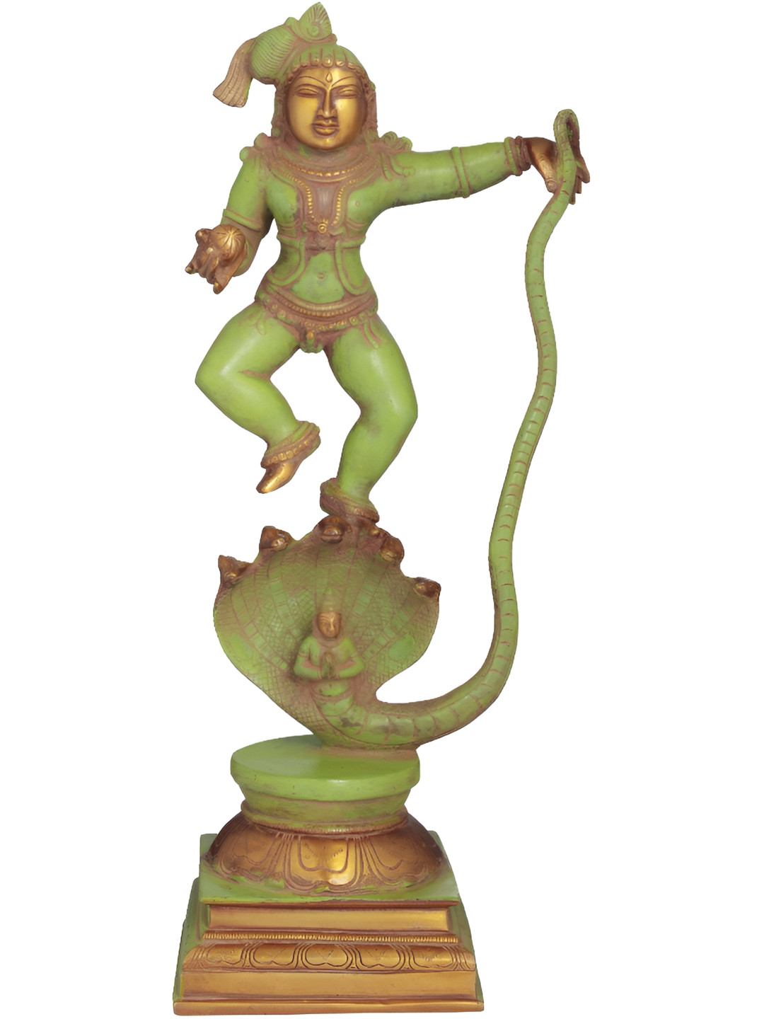 Exotic India Lord Krishna Vanquishes Kaliya Green Brass Metallic Prayer Room Medium Showpiece - 18.2 Inches