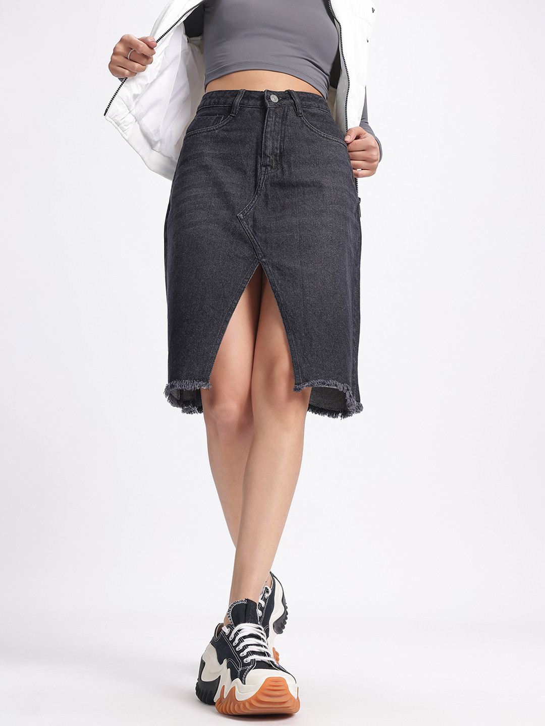 glitchez Frayed Denim Front Slit Skirt