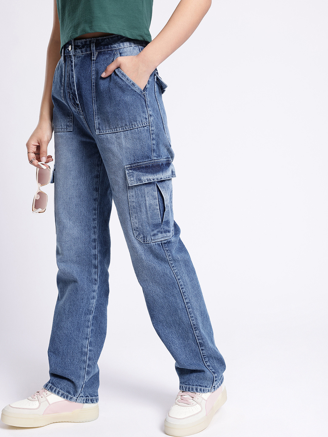 glitchez Women Straight Fit Heavy Fade Cargo Jeans