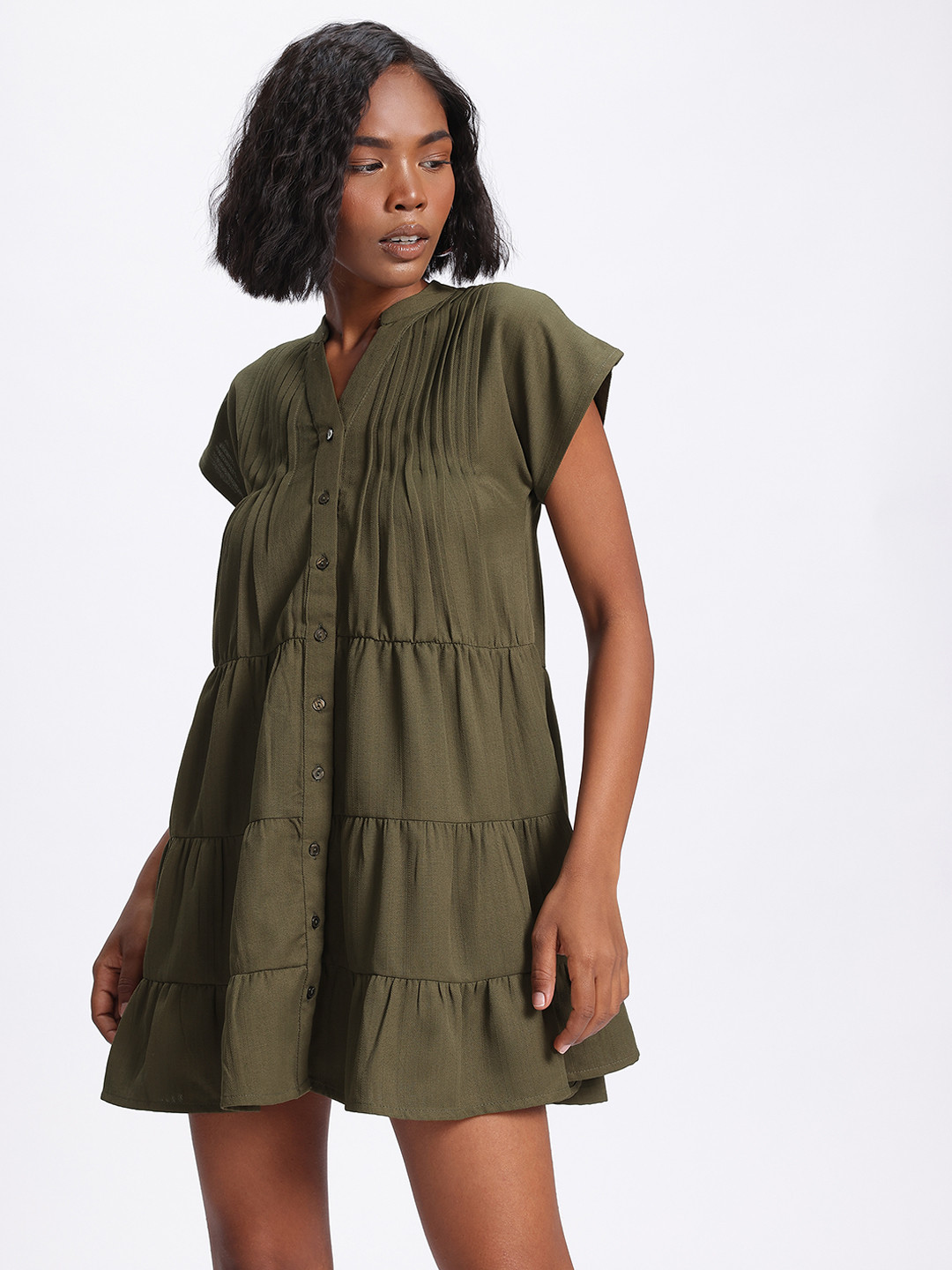 glitchez Pintucks Tiered Mini Dress