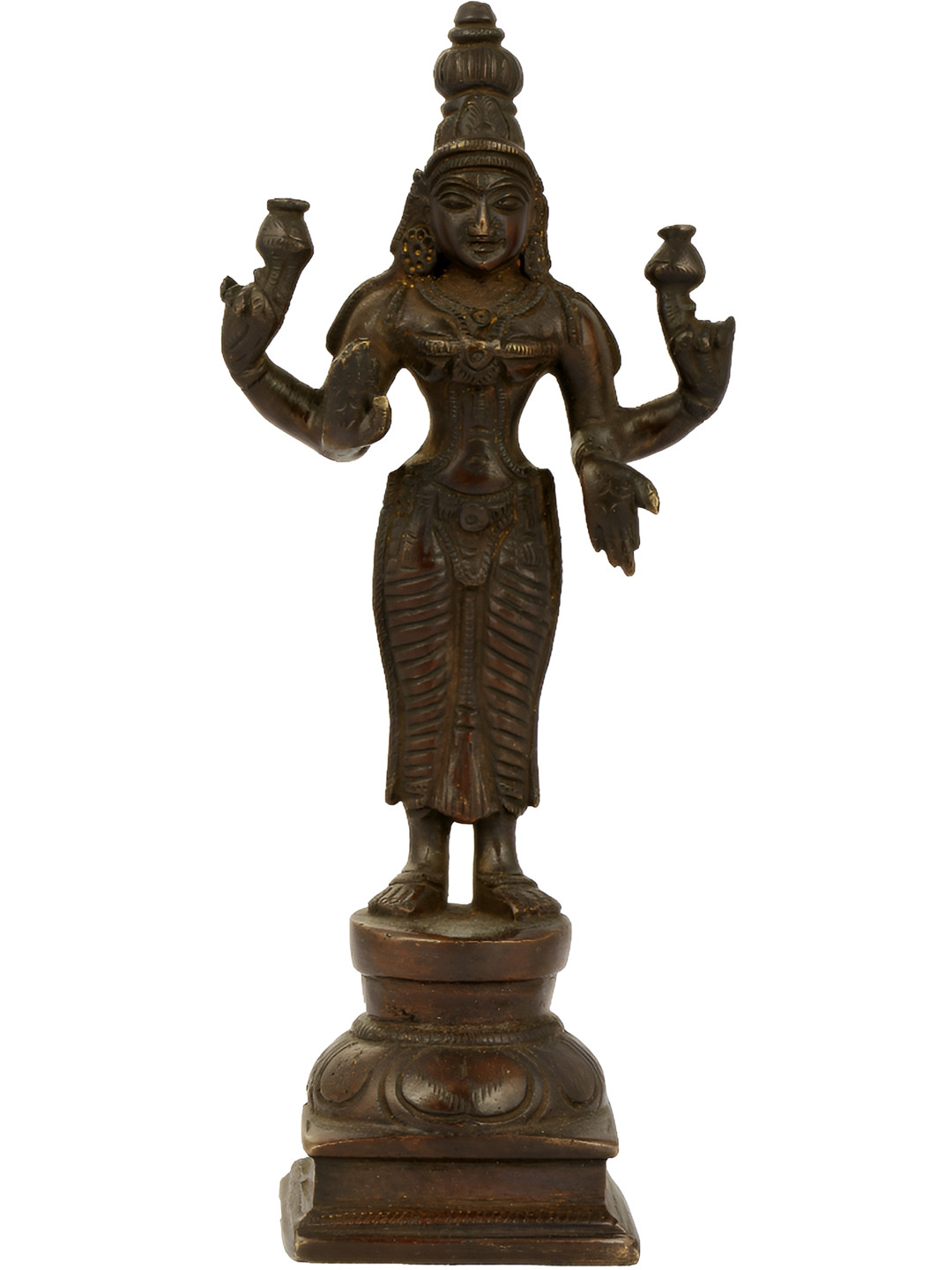 Exotic India Four-Armed Standing Lakshmi Brown Brass Metallic Prayer Room Medium Showpiece - 6.5 Inches