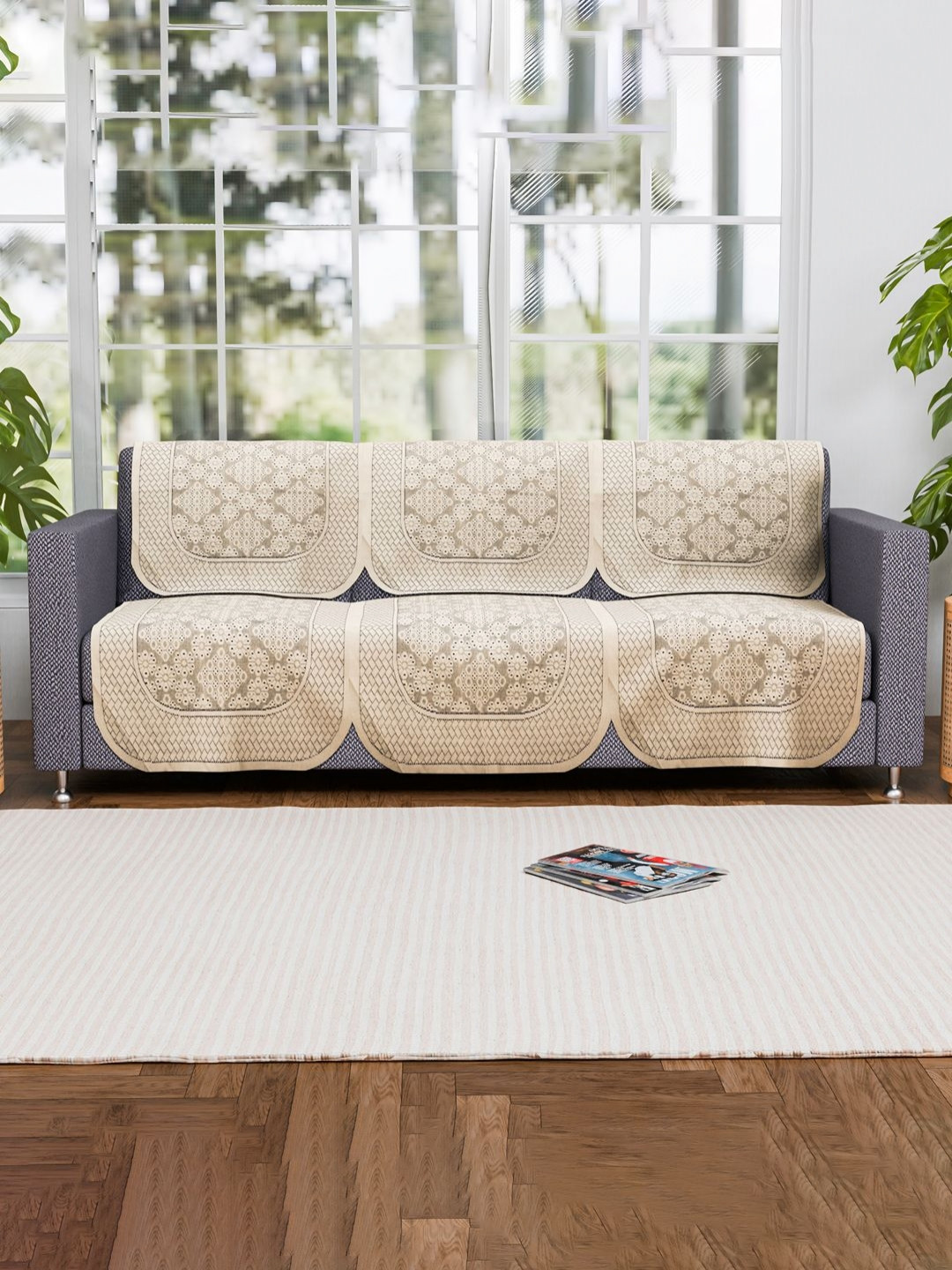 Aura Cream-Coloured & Green 6 Pcs Set Cotton Anti Slip 3 Seater Sofa Covers