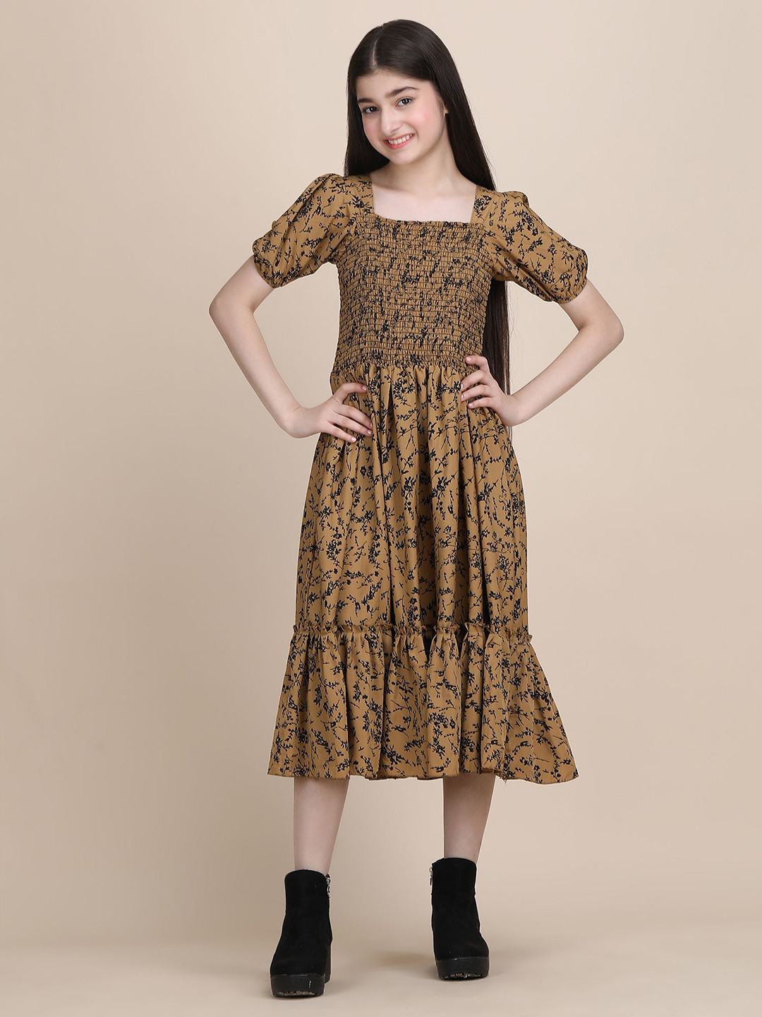 PaheliRani Girls Puff Sleeve Smoked Fit & Flare Midi Dress