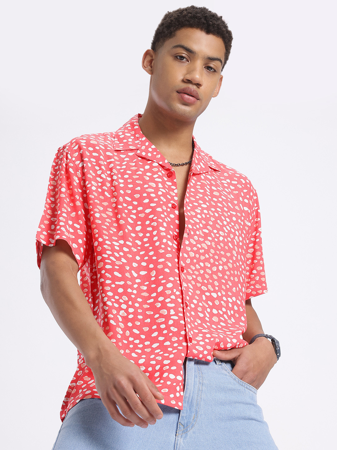 glitchez Abstract Cuban Collar Relaxed Fit Casual Shirt