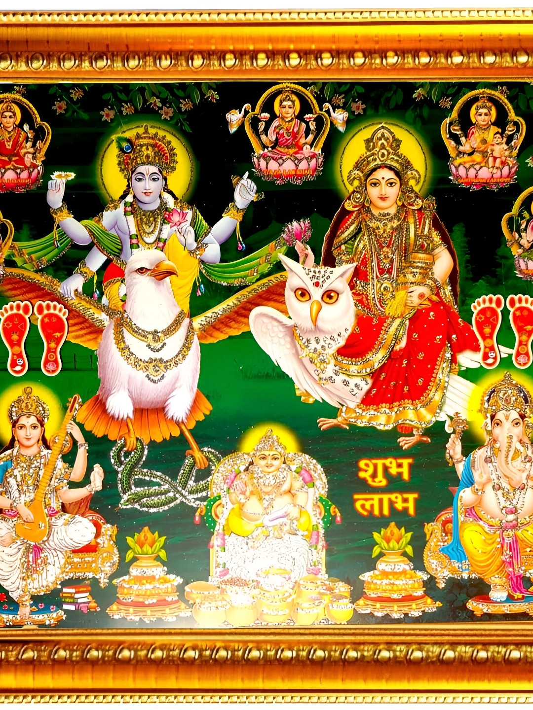 SUNINOW Gold-Toned Vishnu Laxmi With Aasht Laxmi Ganesh Saraswati Wooden Photo Frame