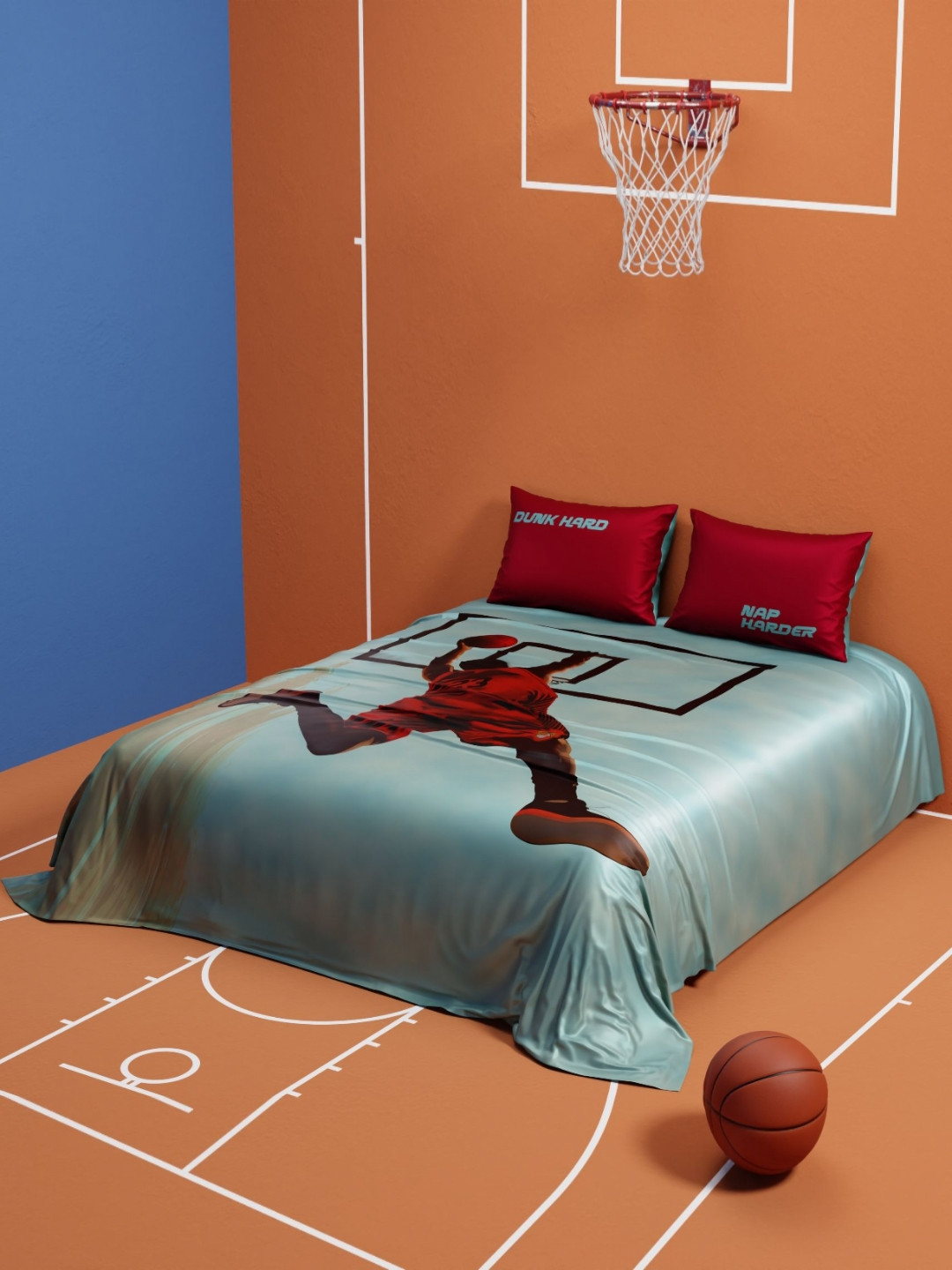 QuirkLoom Blue Graphic Satin 300 TC King Fine Bedsheet with 2 Pillow Covers-90 x 108 inches