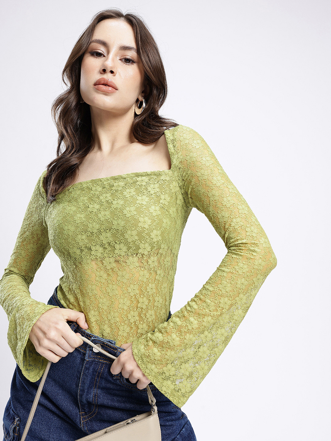 glitchez Sheer Lace Flared Sleeve Top