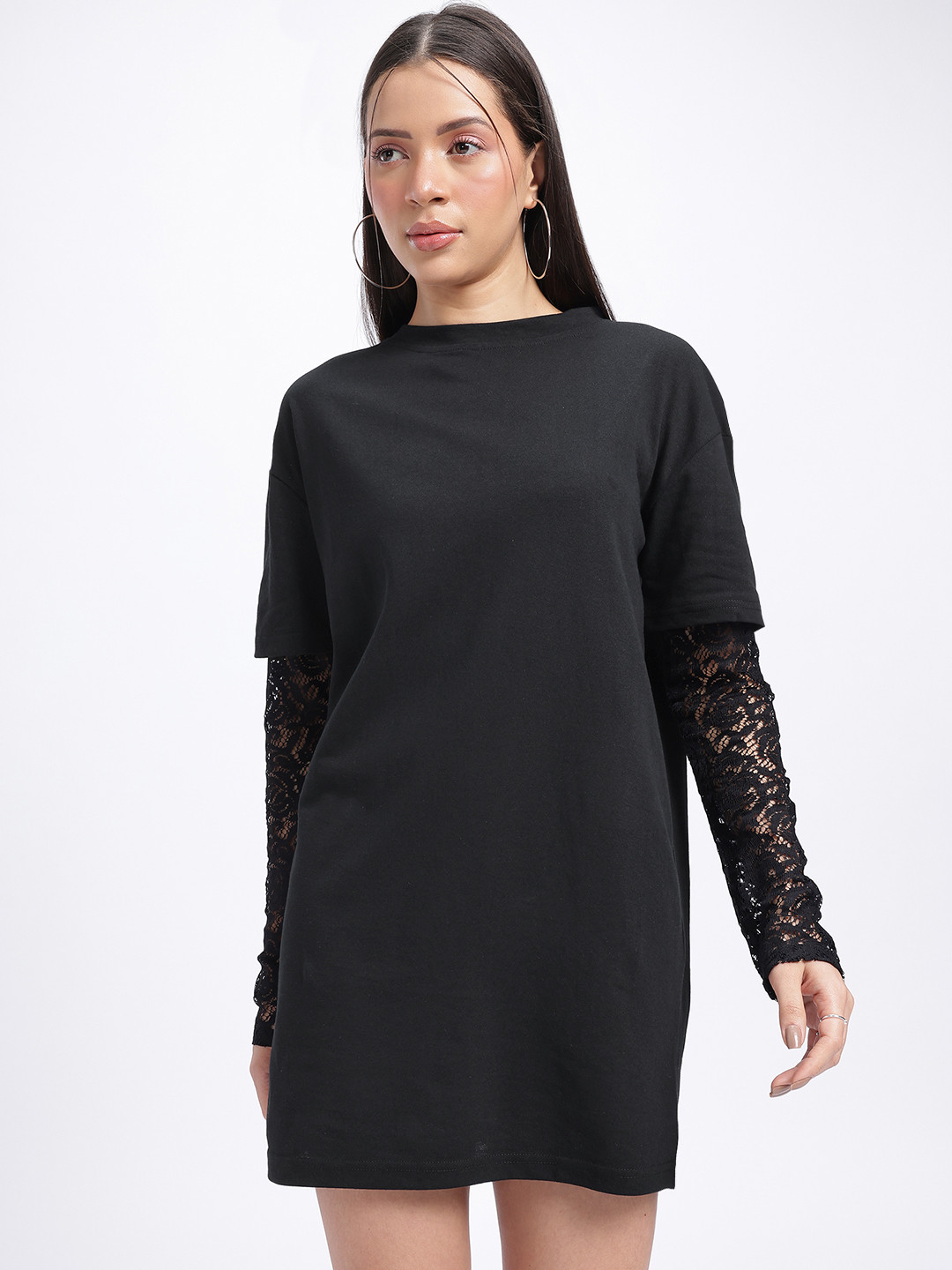 glitchez Lace Detail Drop-Shoulder Sleeves Loose Fit Mini T-shirt Dress