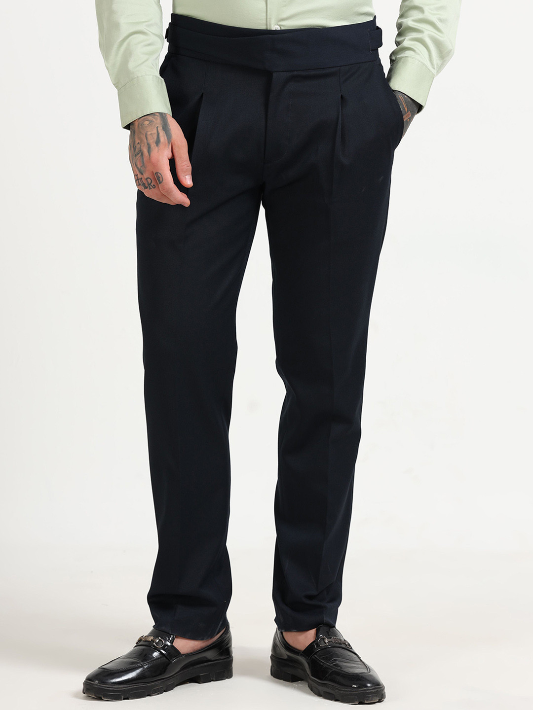 MARTIN SMITH Men Italian Tapered Fit High-Rise Pleated Trousers