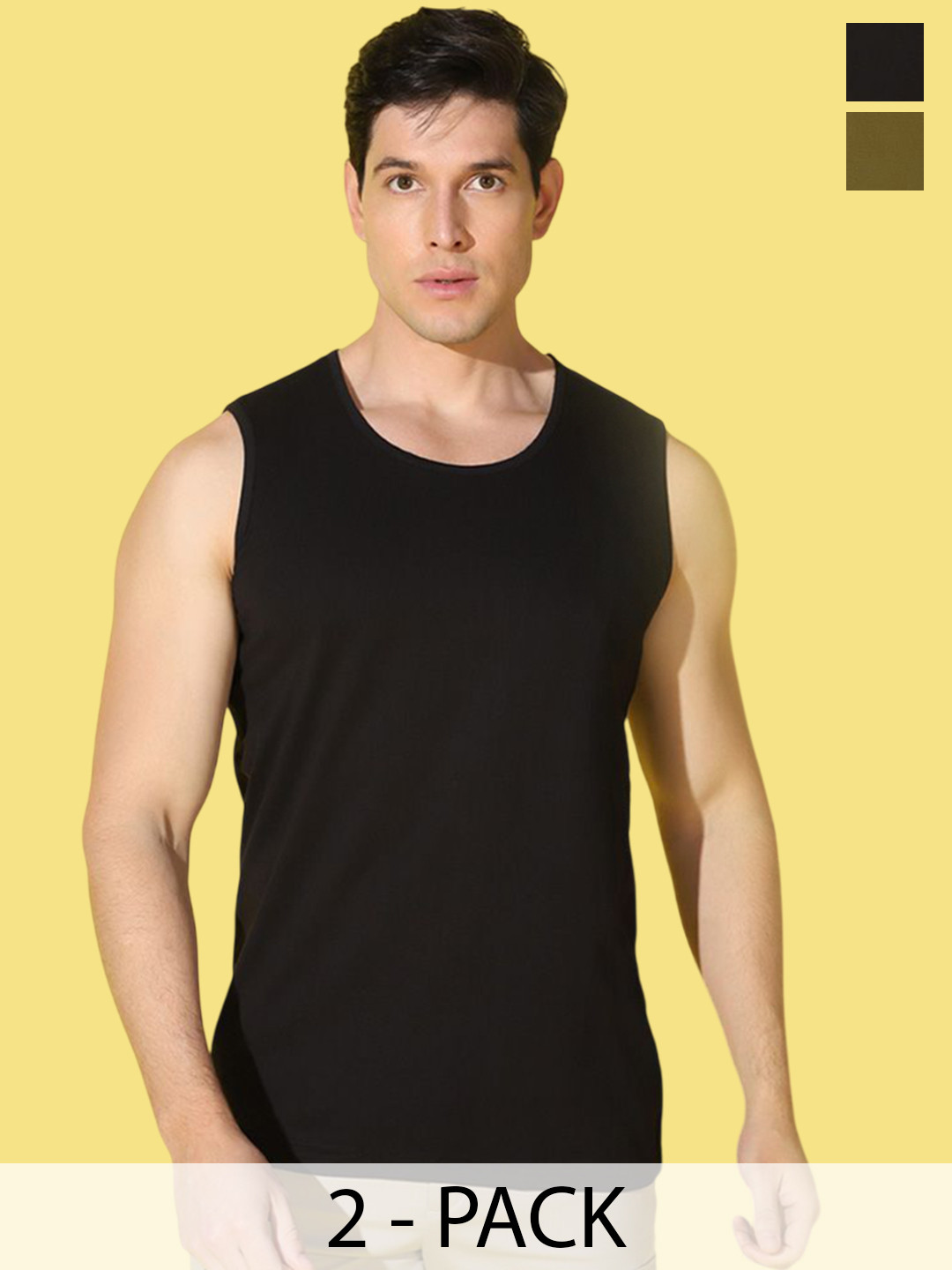 WOOSTRO Pack Of 2 Pack Of 2 Scoop Neck Ultra-Soft Gym Vests VWS26(HARD OLIVE)(PLAIN BLACK)