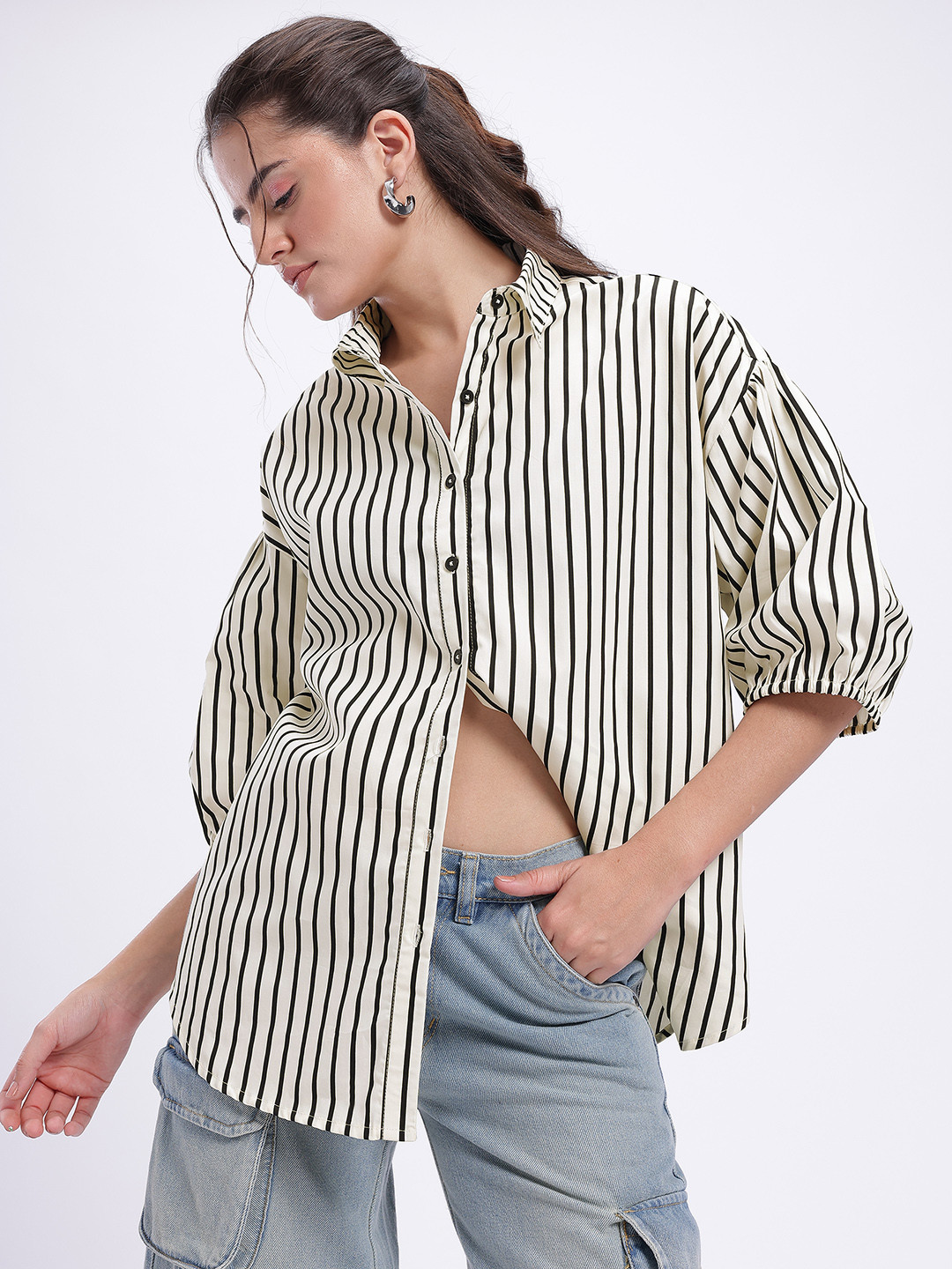 glitchez Mono Stripes Puff Sleeves Oversized Fit Shirt