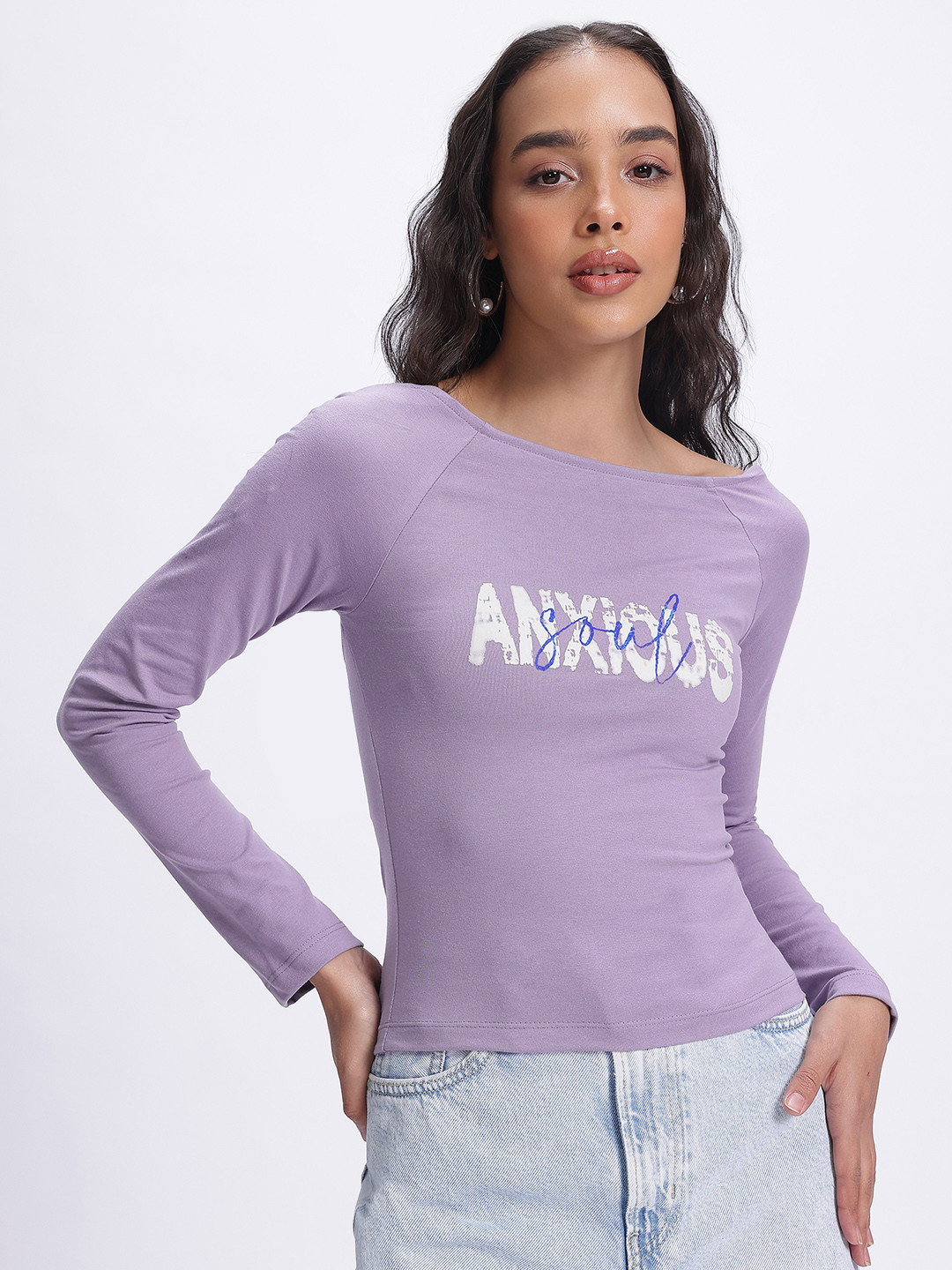 Lilac Typography Boat Neck Long Sleeve Top