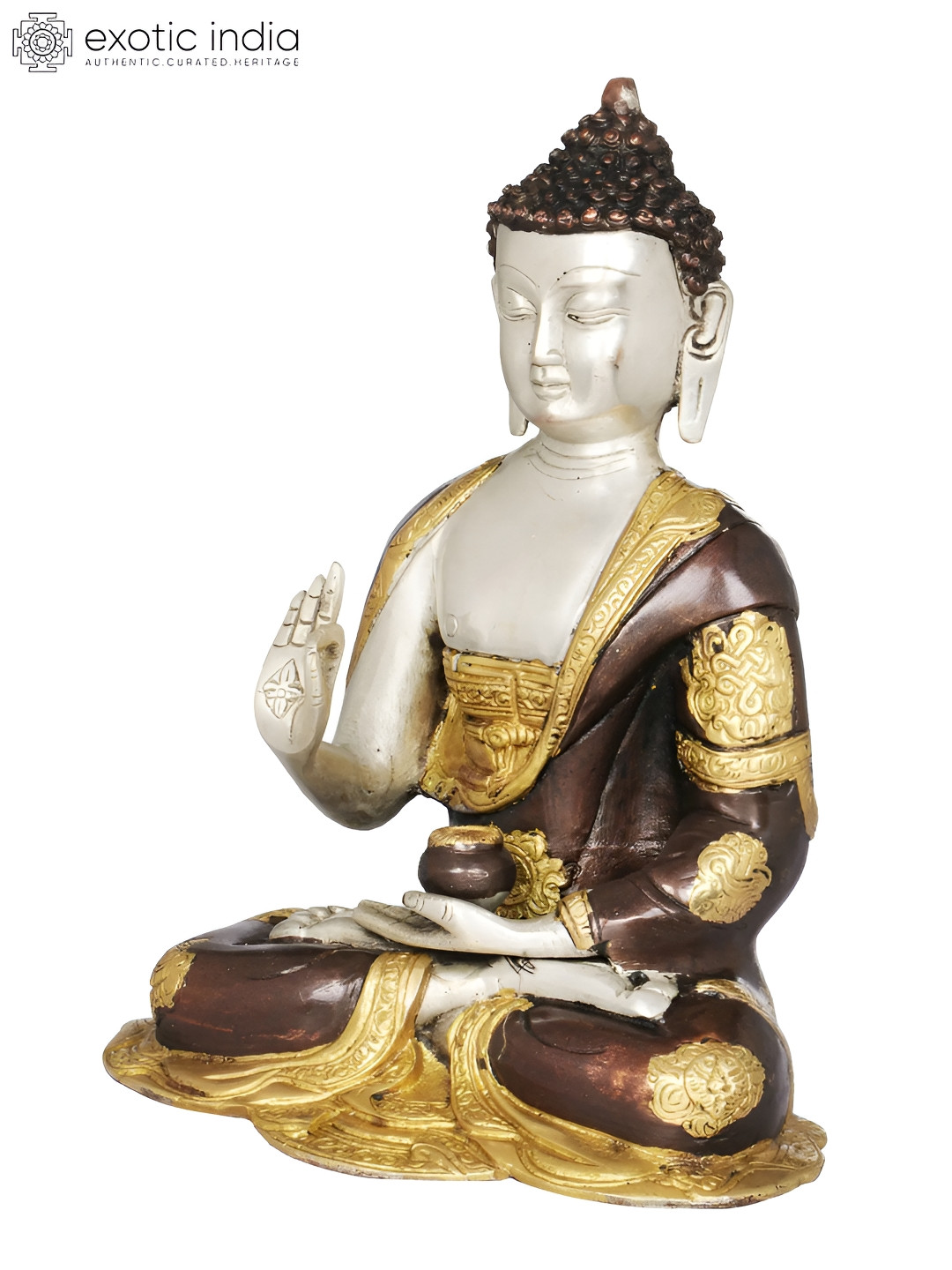 Exotic India Tibetan Buddhist Preaching Buddha Silver Brass Metallic Living Room Medium Showpiece - 10 Inches