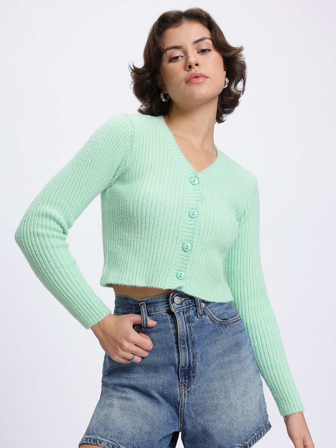 glitchez Ribbed Cropped Cardigan