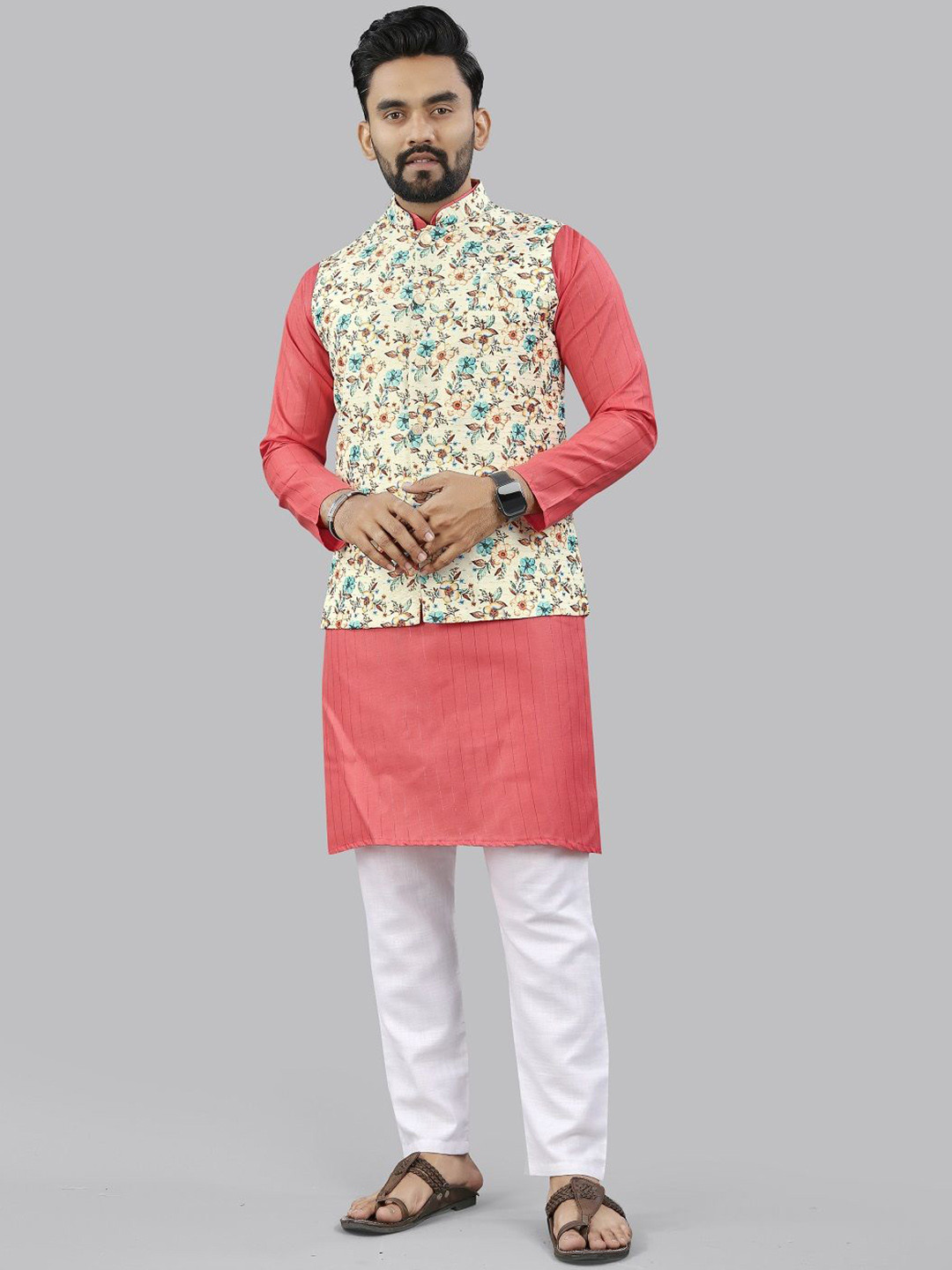 Leipzig Fashion Striped Woven Design Mandarin Collar Kurta & Pyjamas With Nehru Jacket