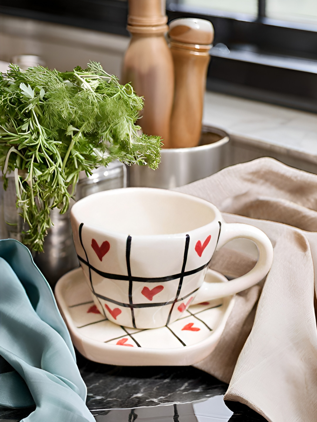 Kraftlik Handicraft White Conversational Ceramic Microwave Safe 2 Piece Mug with 1 Dessert Plate-200ml