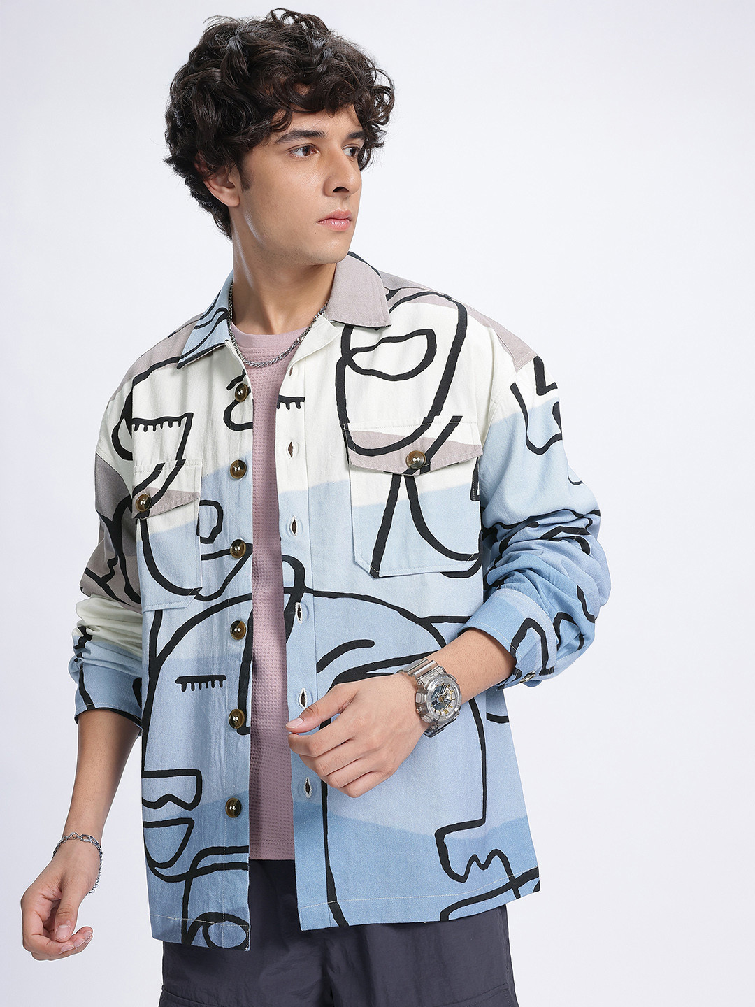 glitchez Abstract Canvas Chest Pocket Detail Printed Shacket