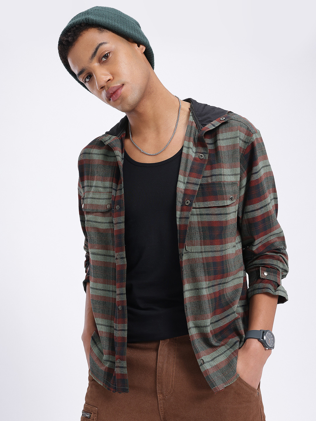 glitchez Traditional Twill Tartan Checked Hooded Casual Shirt