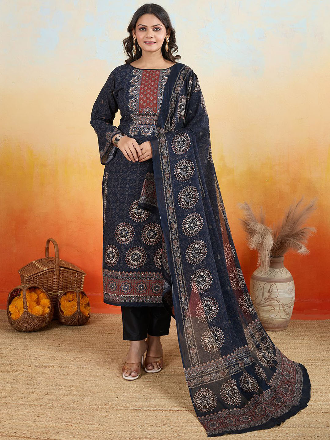 IOLY Ethnic Motifs Printed Pure Cotton Round Neck Kurta With Pyjamas & Dupatta