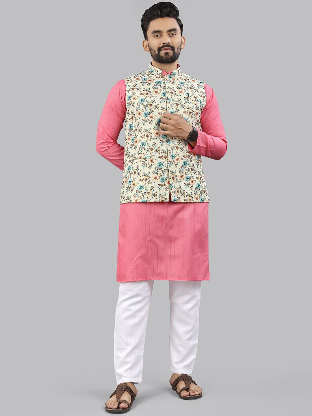 Leipzig Fashion Striped Woven Design Mandarin Collar Kurta & Pyjamas With Nehru Jacket