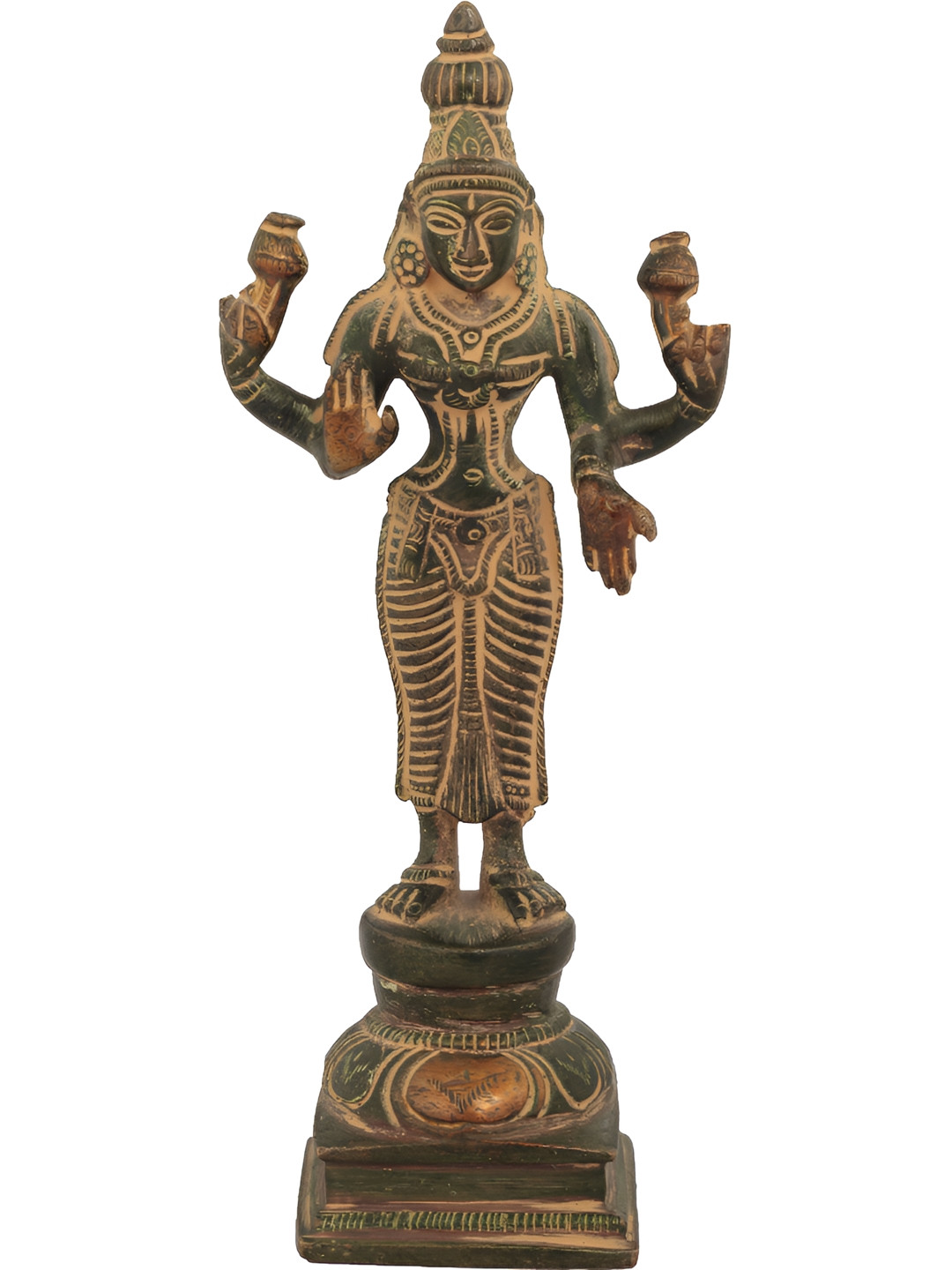 Exotic India Four-Armed Standing Lakshmi Metallic Brass Prayer Room Medium Showpiece - 6.5 Inches