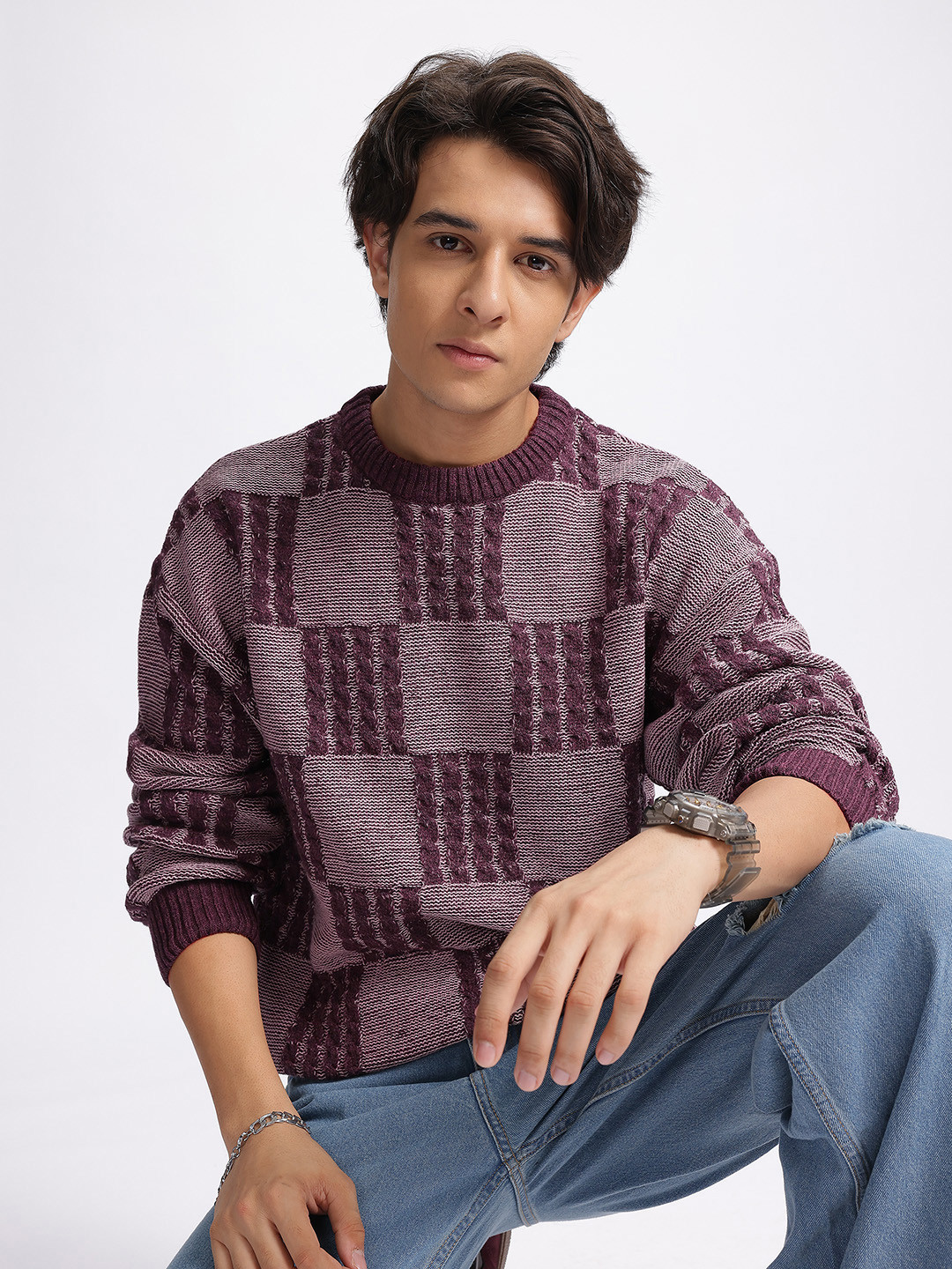glitchez Cable Knit Checked Pullover