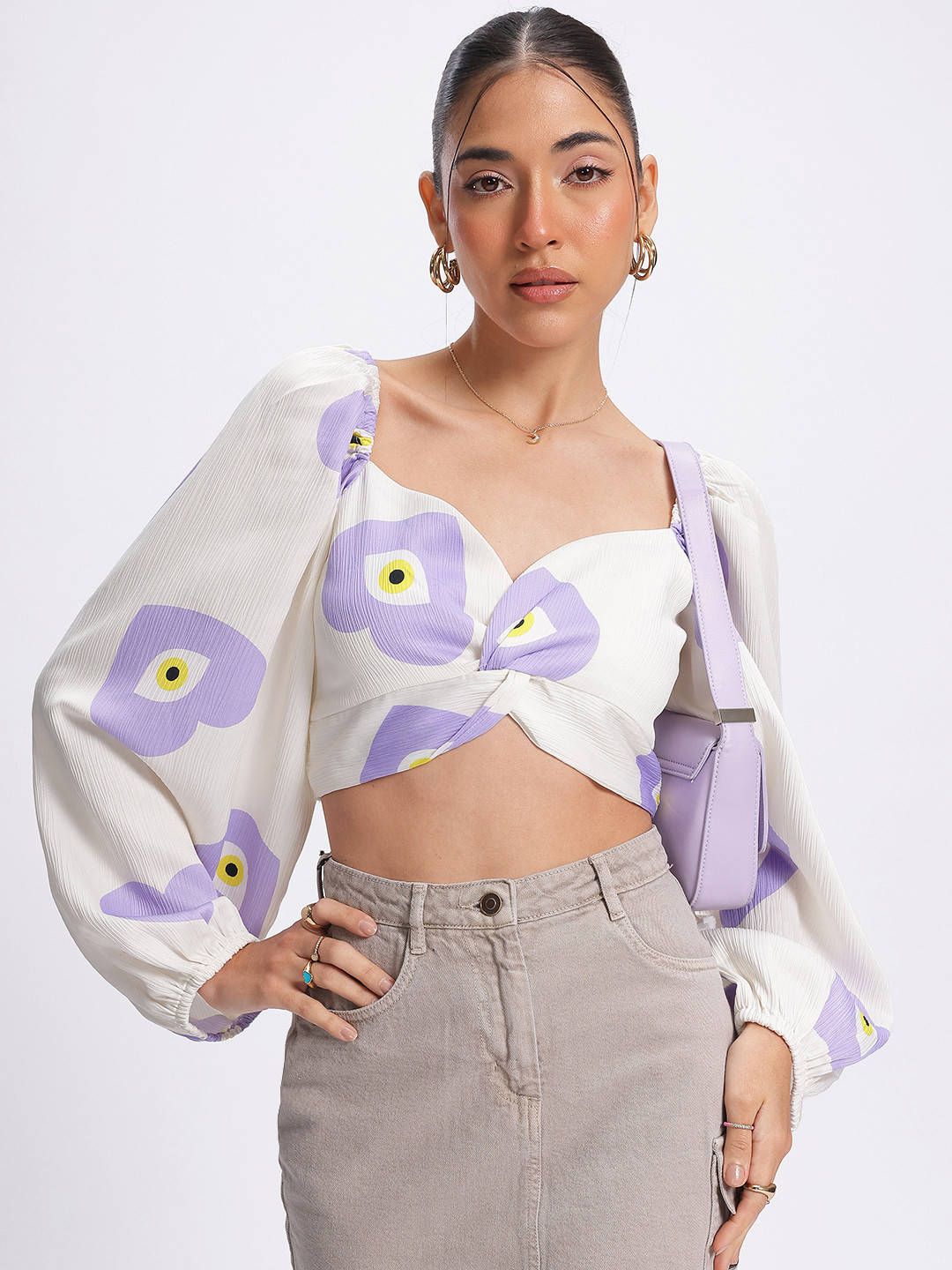 glitchez Print Smocked & Crinkles Twist-Front Crop Top