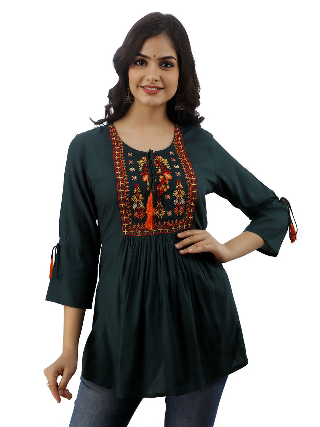 DMP EXPORT Embroidered Tie-Up Neck A-Line Top