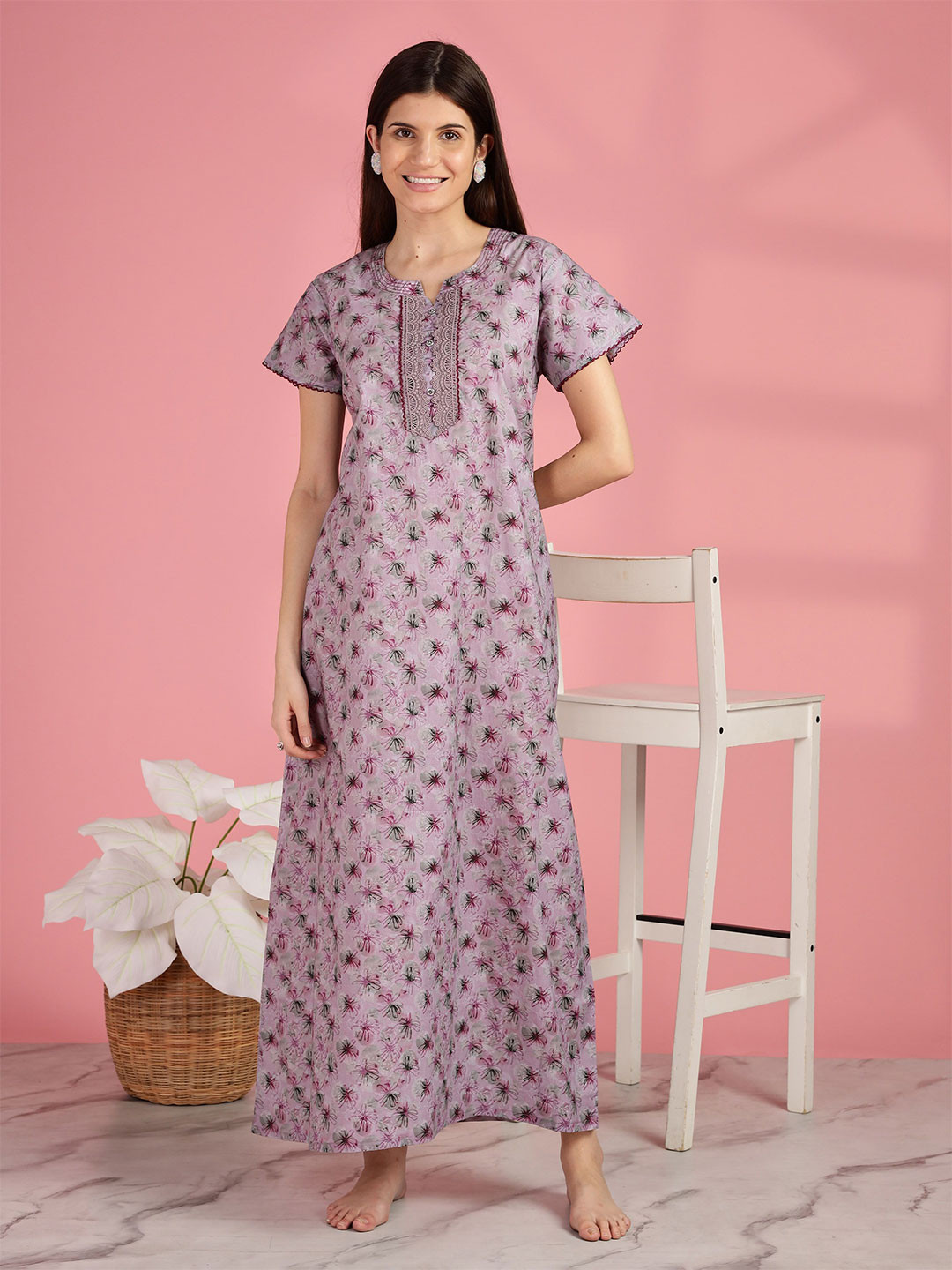 9shines Label Pink Digital Print Cotton A-Line Lace Neckline Nightdress