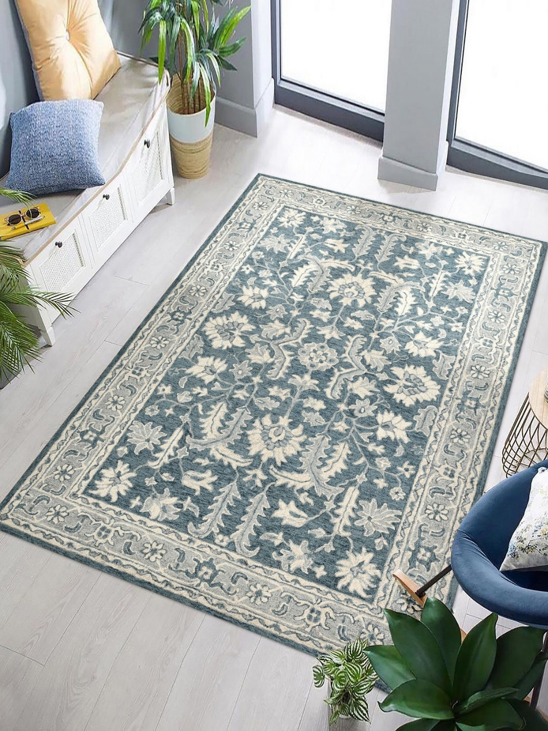 saraswatii global Romania Navy Blue & Beige Floral Printed Tufted Woollen Carpet