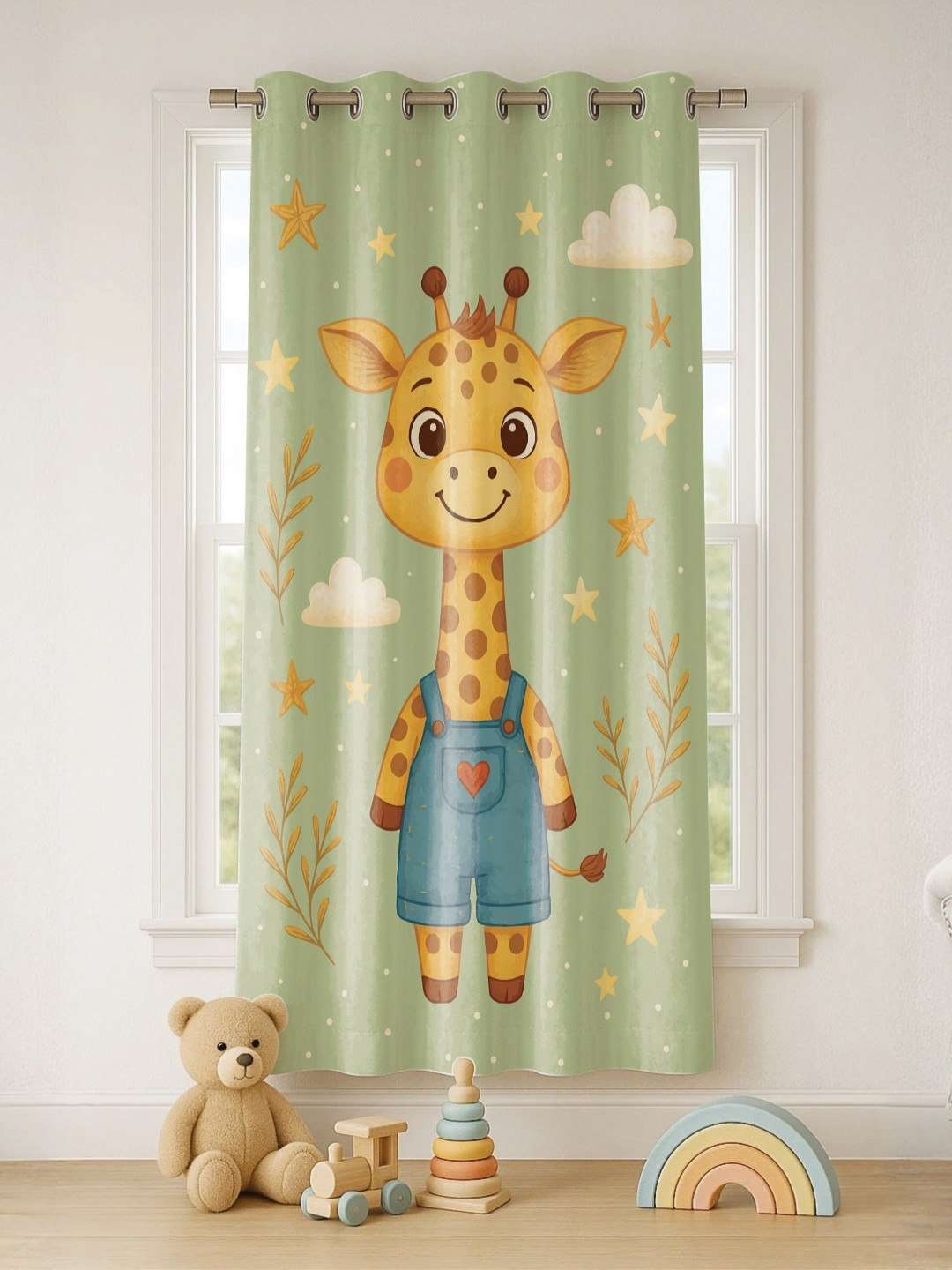 STITCHNEST Set of 1 Green & Yellow Cartoon Print 7 feet Curtain