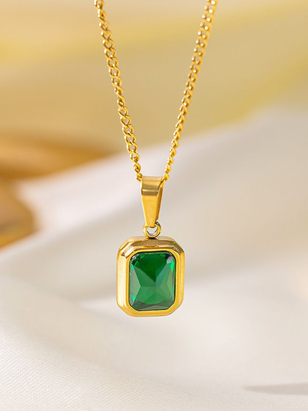 BEYTER Gold-Plated Stone Studded Rectangle Charm Pendant With Chain