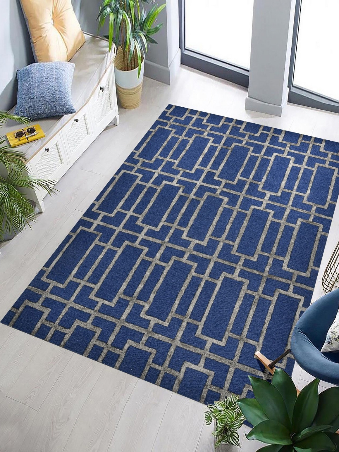 saraswatii global Lineation Navy Blue & Brown Geometric Printed Tufted Woollen Carpet