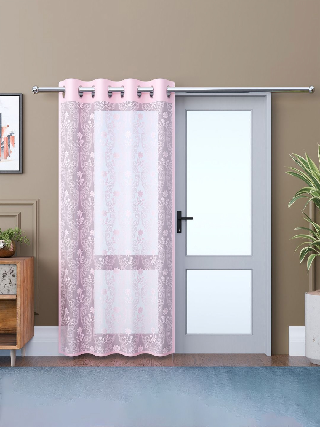 Aura Pink & White Floral Embroidered Long Door Curtains
